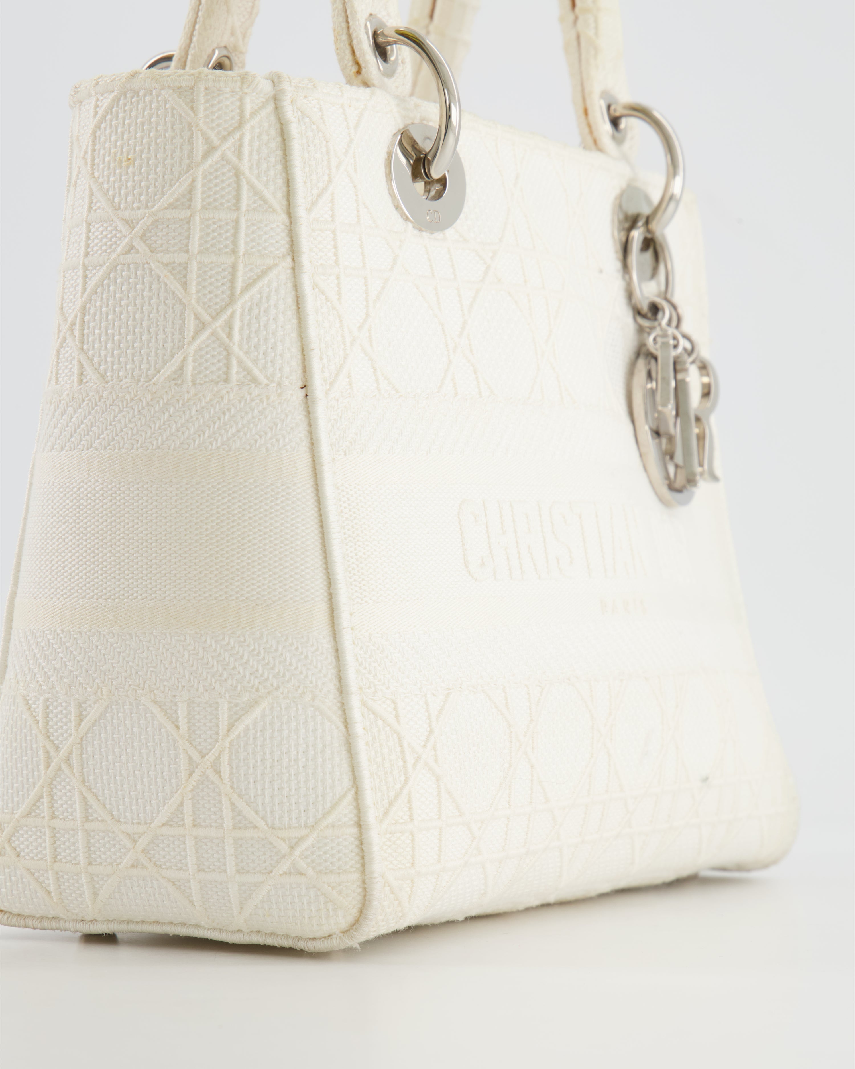 Christian Dior White Cannage Embroidery Medium Lady D-Lite Bag with Silver Hardware RRP £4,000