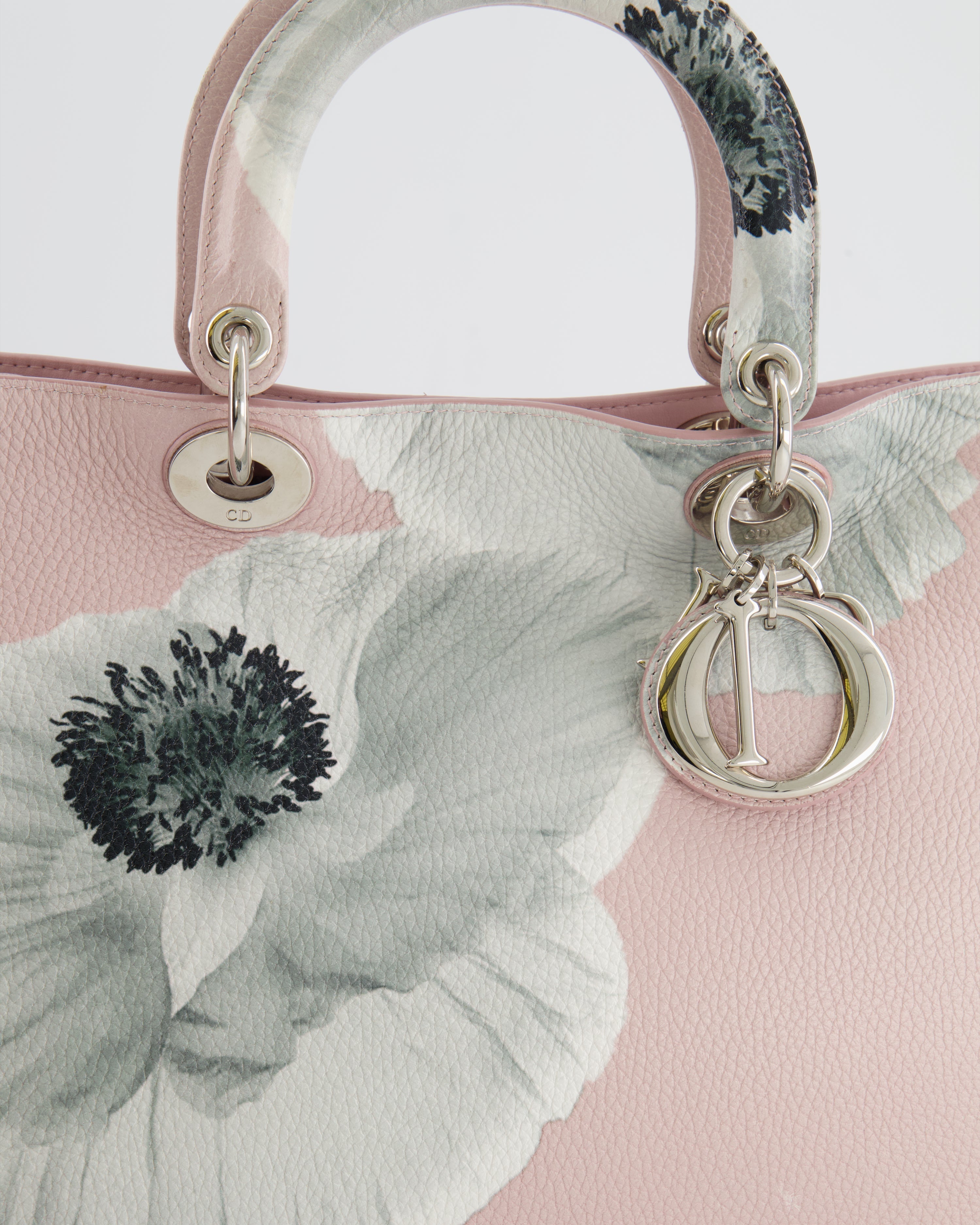 Christian Dior Light Pink and Grey Floral Diorissimo Bag with Silver Hardware
