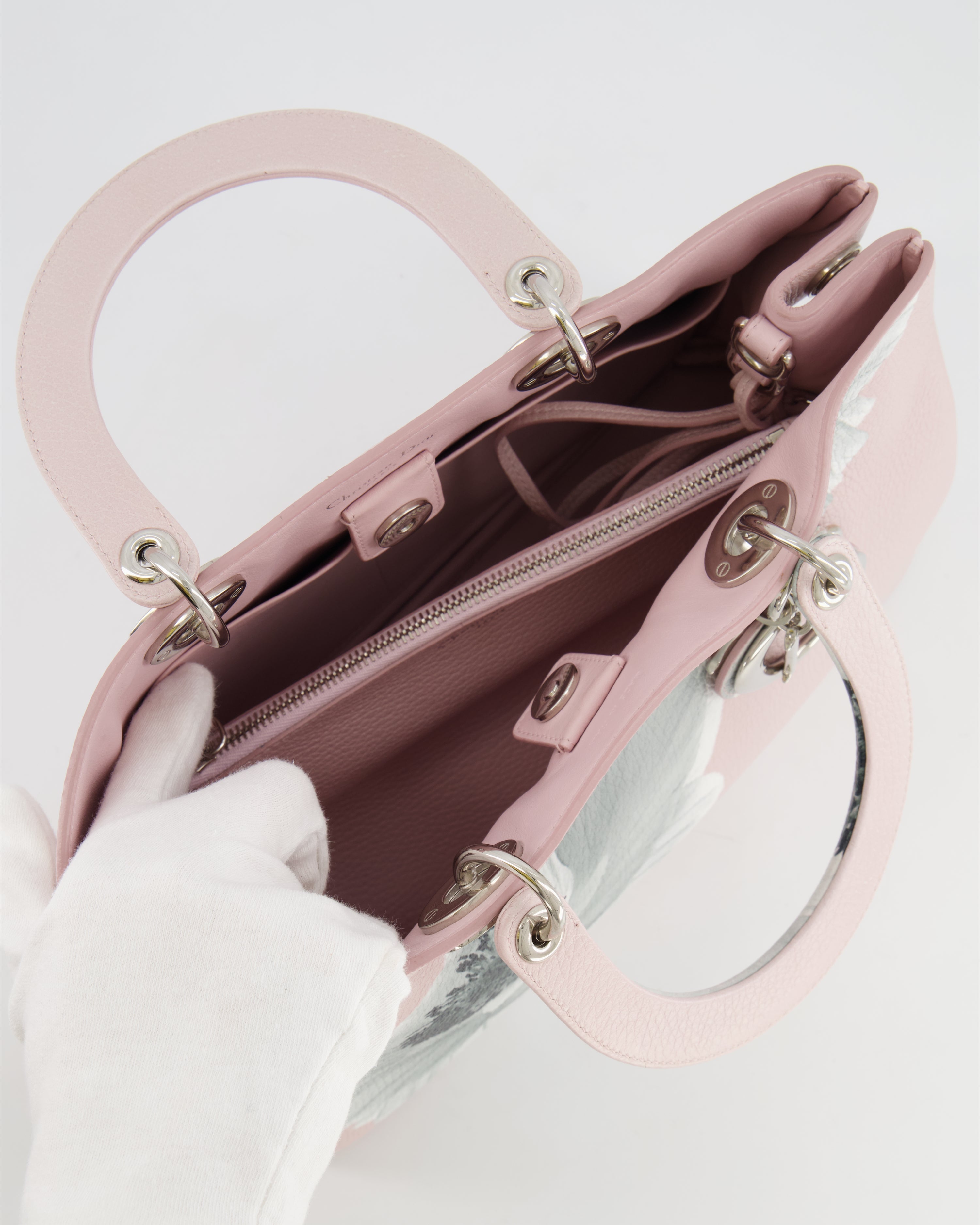 Christian Dior Light Pink and Grey Floral Diorissimo Bag with Silver Hardware