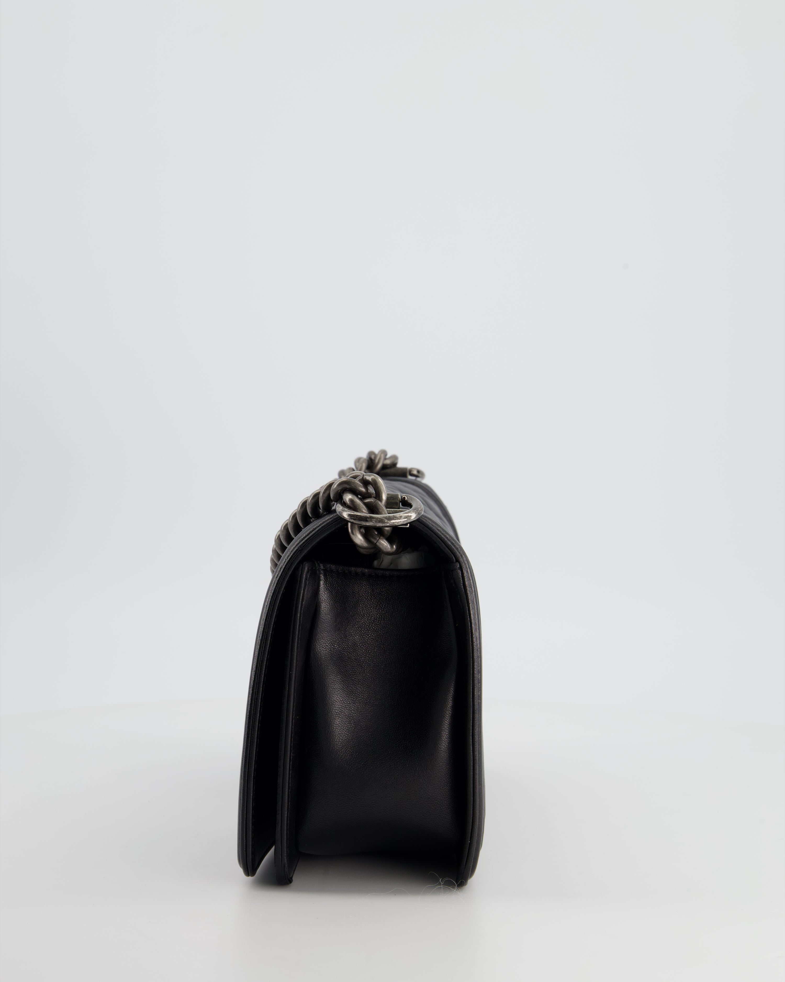 Chanel Black Medium Boy Bag In Lambskin Leather with Ruthenium Hardware