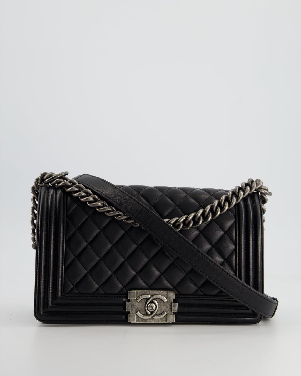 Chanel Black Medium Boy Bag In Lambskin Leather with Ruthenium Hardware