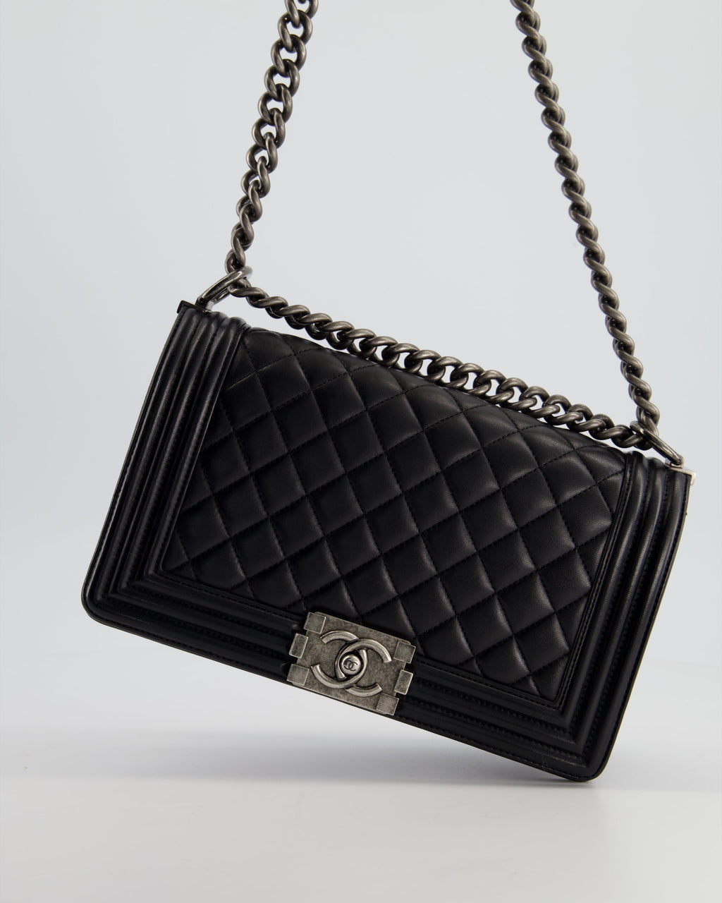Chanel Black Medium Boy Bag In Lambskin Leather with Ruthenium Hardware