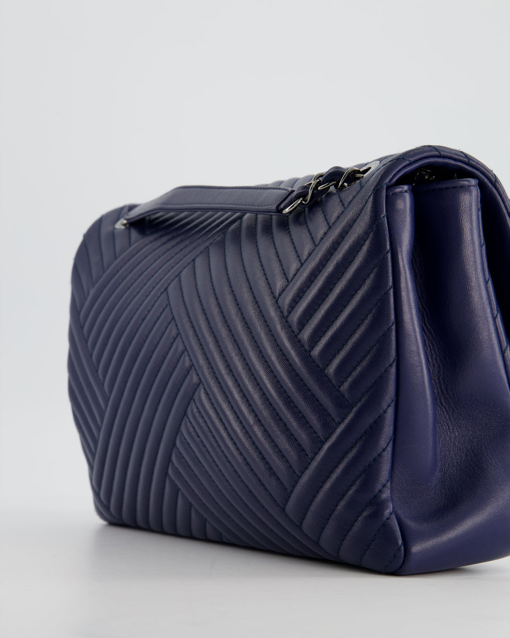 Chanel Navy Jumbo Chevron Quilted Flap Bag in Lambskin Leather with Gun Metal Silver Hardware