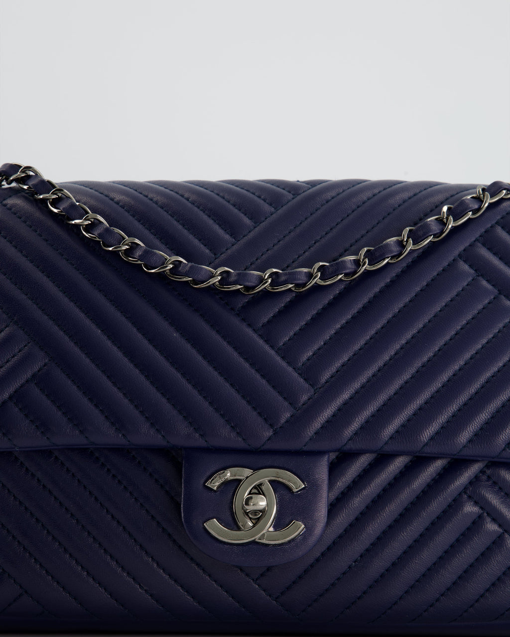 Chanel Navy Jumbo Chevron Quilted Flap Bag in Lambskin Leather with Gun Metal Silver Hardware