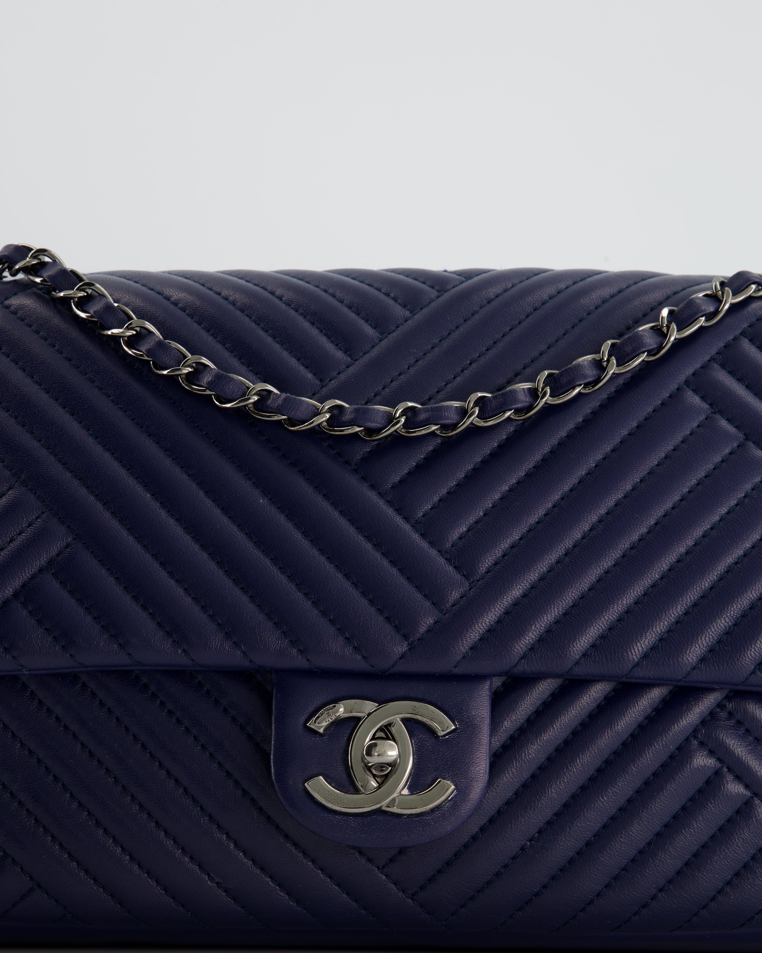 Chanel Navy Jumbo Chevron Quilted Flap Bag in Lambskin Leather with Gun Metal Silver Hardware