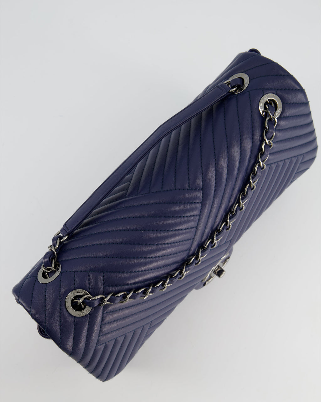 Chanel Navy Jumbo Chevron Quilted Flap Bag in Lambskin Leather with Gun Metal Silver Hardware