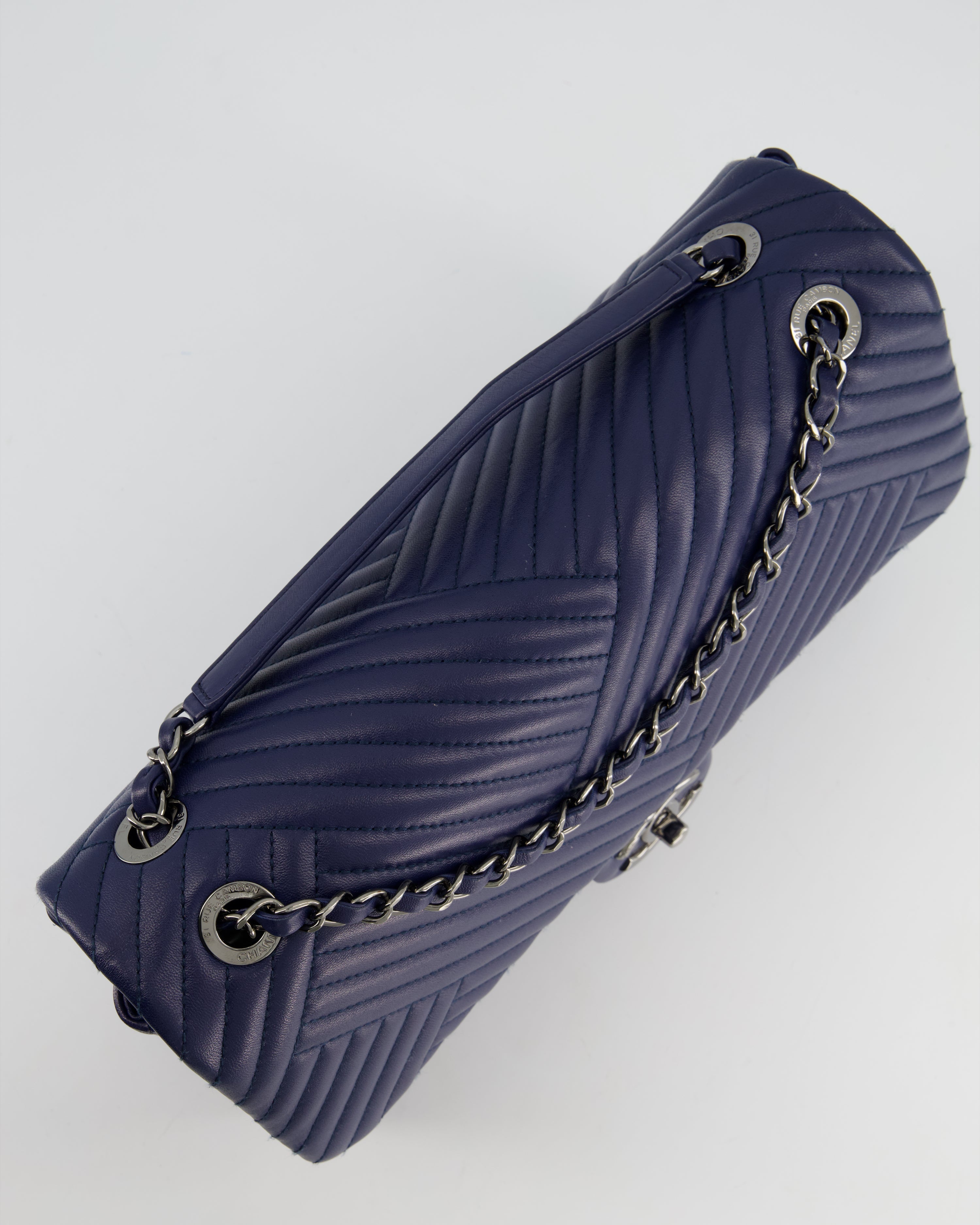 Chanel Navy Jumbo Chevron Quilted Flap Bag in Lambskin Leather with Gun Metal Silver Hardware