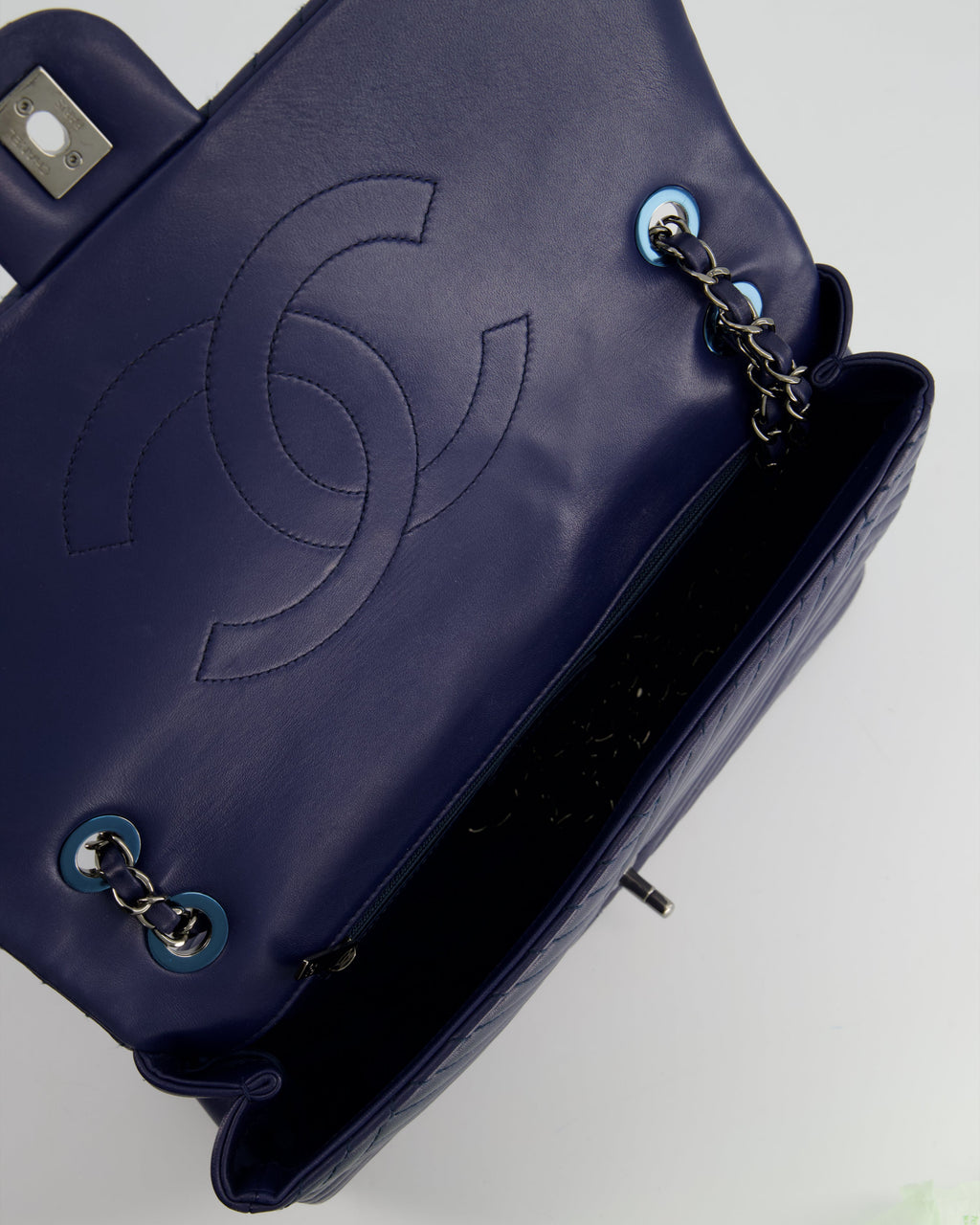 Chanel Navy Jumbo Chevron Quilted Flap Bag in Lambskin Leather with Gun Metal Silver Hardware
