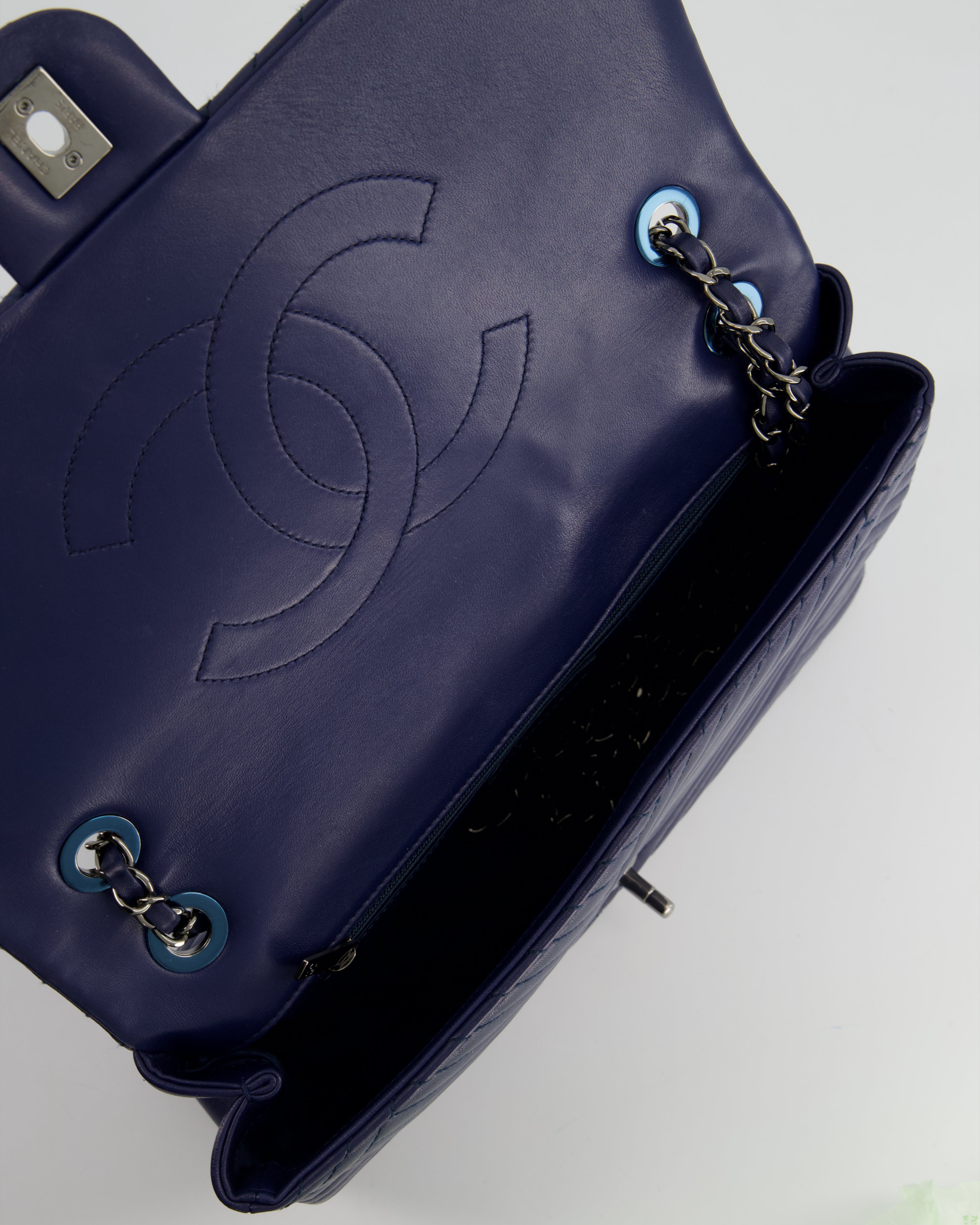 Chanel Navy Jumbo Chevron Quilted Flap Bag in Lambskin Leather with Gun Metal Silver Hardware
