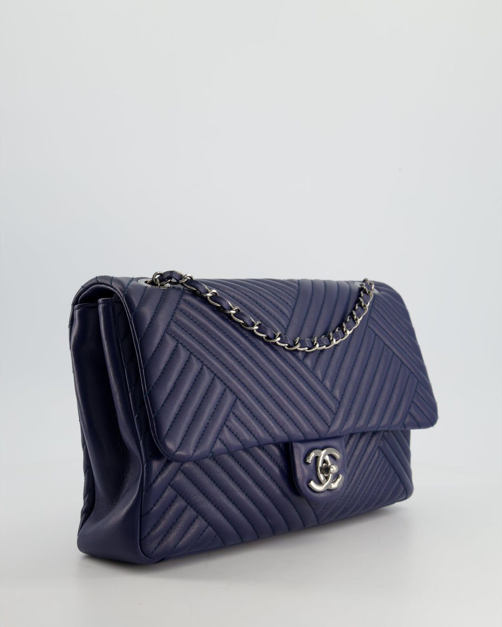 Chanel Navy Jumbo Chevron Quilted Flap Bag in Lambskin Leather with Gun Metal Silver Hardware