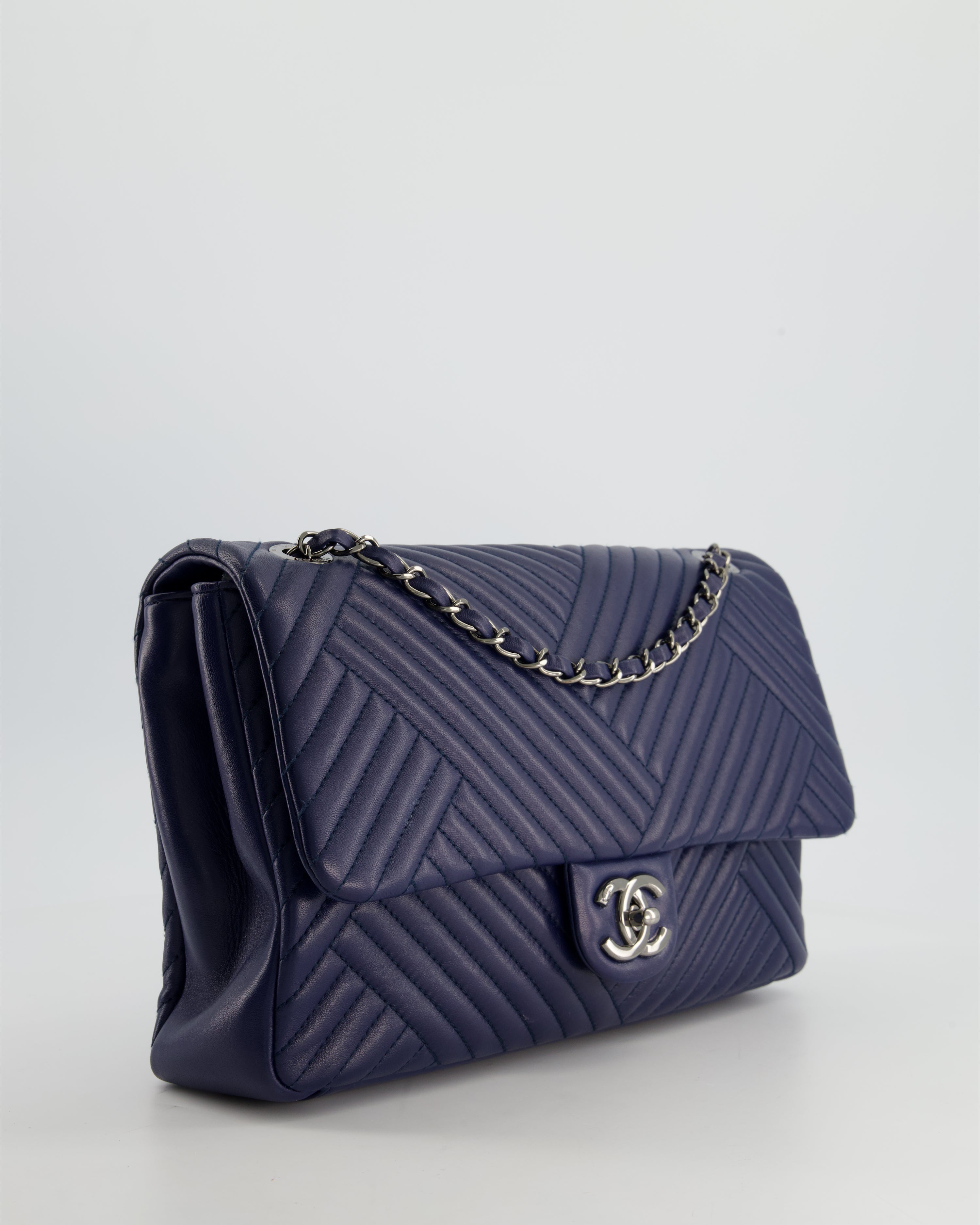 Chanel Navy Jumbo Chevron Quilted Flap Bag in Lambskin Leather with Gun Metal Silver Hardware