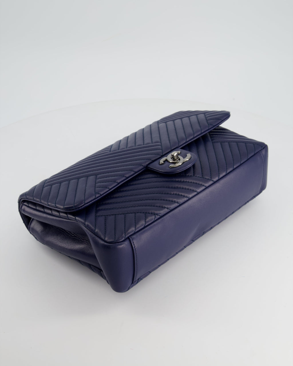Chanel Navy Jumbo Chevron Quilted Flap Bag in Lambskin Leather with Gun Metal Silver Hardware