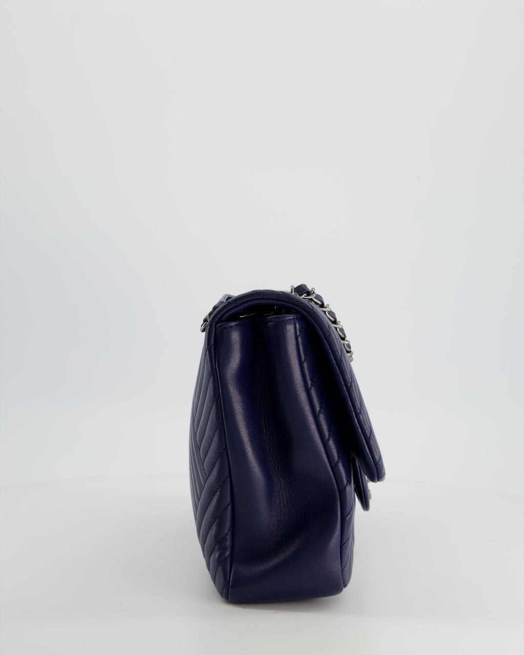 Chanel Navy Jumbo Chevron Quilted Flap Bag in Lambskin Leather with Gun Metal Silver Hardware