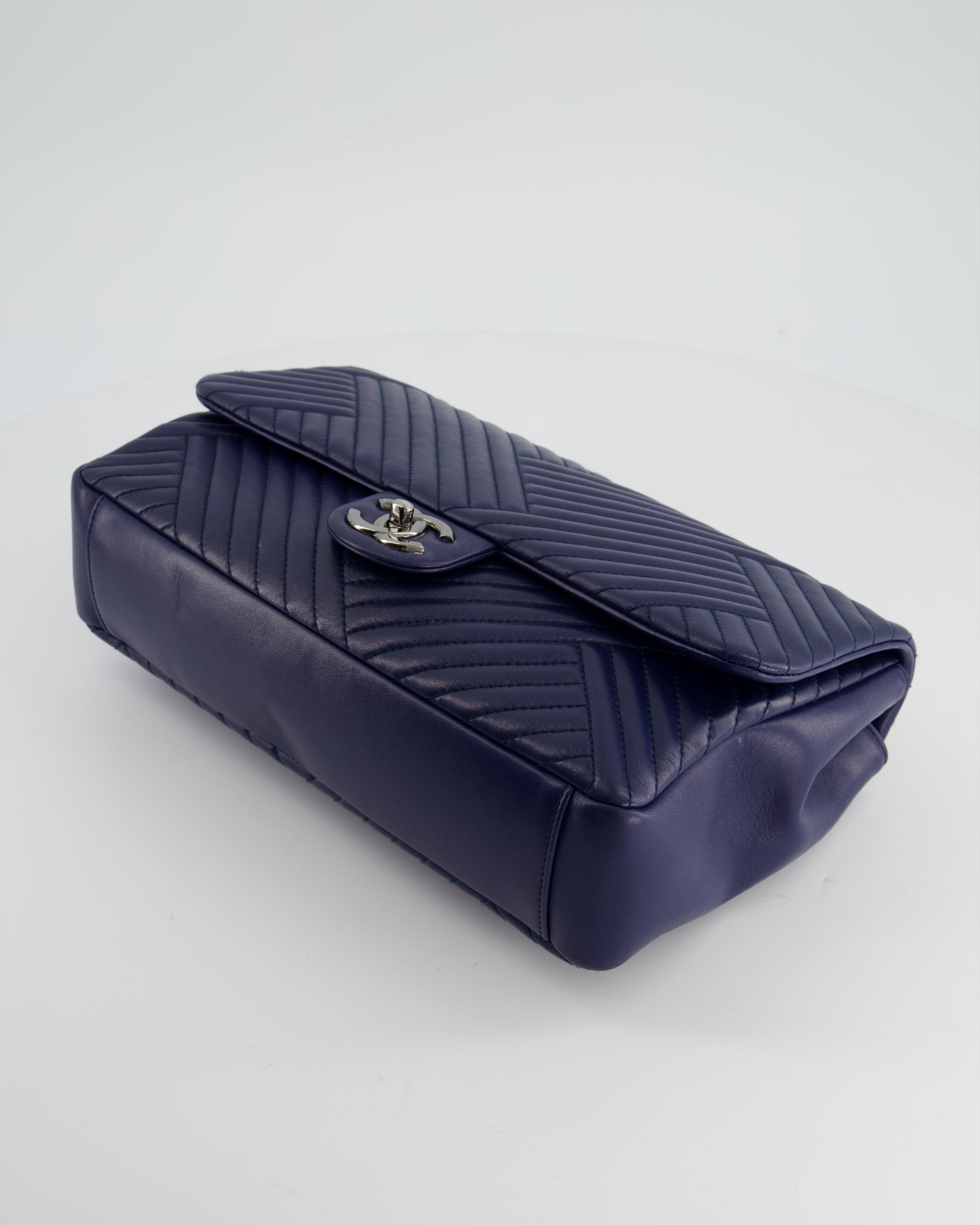 Chanel Navy Jumbo Chevron Quilted Flap Bag in Lambskin Leather with Gun Metal Silver Hardware