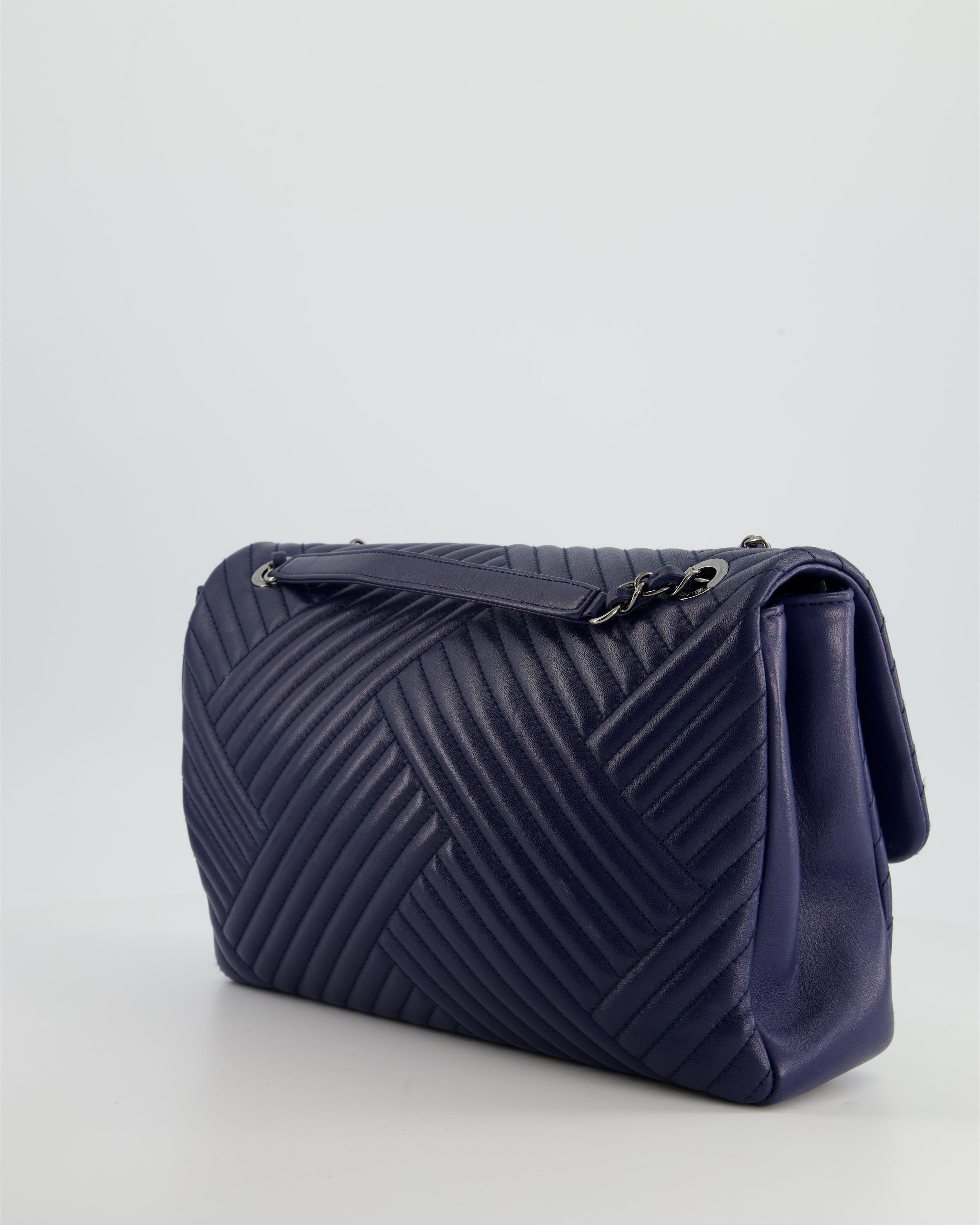 Chanel Navy Jumbo Chevron Quilted Flap Bag in Lambskin Leather with Gun Metal Silver Hardware