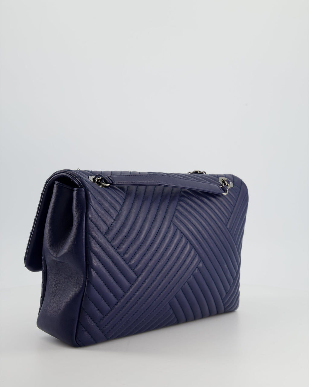 Chanel Navy Jumbo Chevron Quilted Flap Bag in Lambskin Leather with Gun Metal Silver Hardware