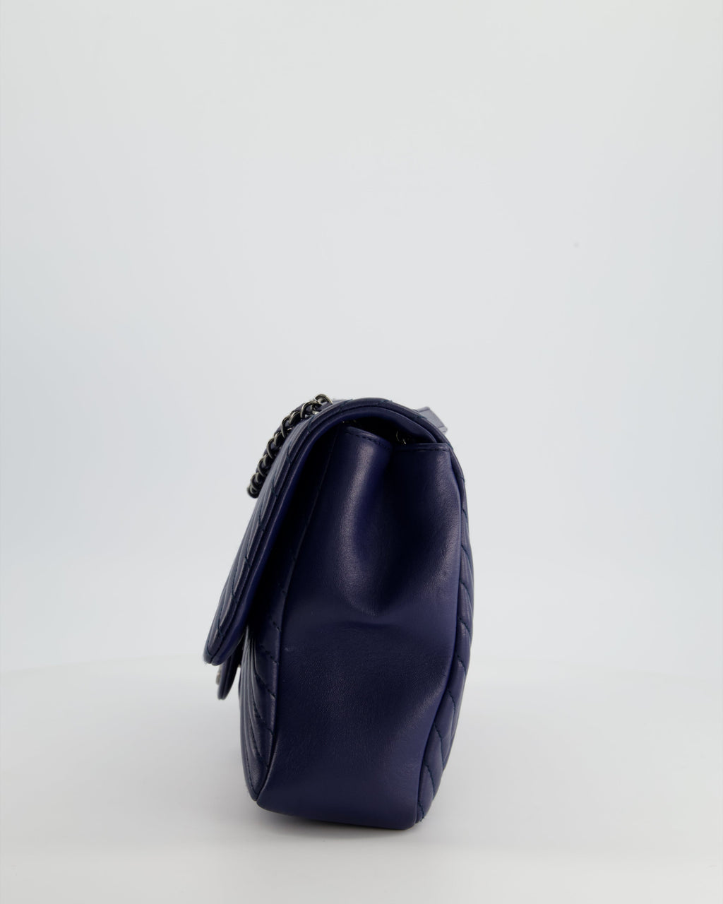 Chanel Navy Jumbo Chevron Quilted Flap Bag in Lambskin Leather with Gun Metal Silver Hardware