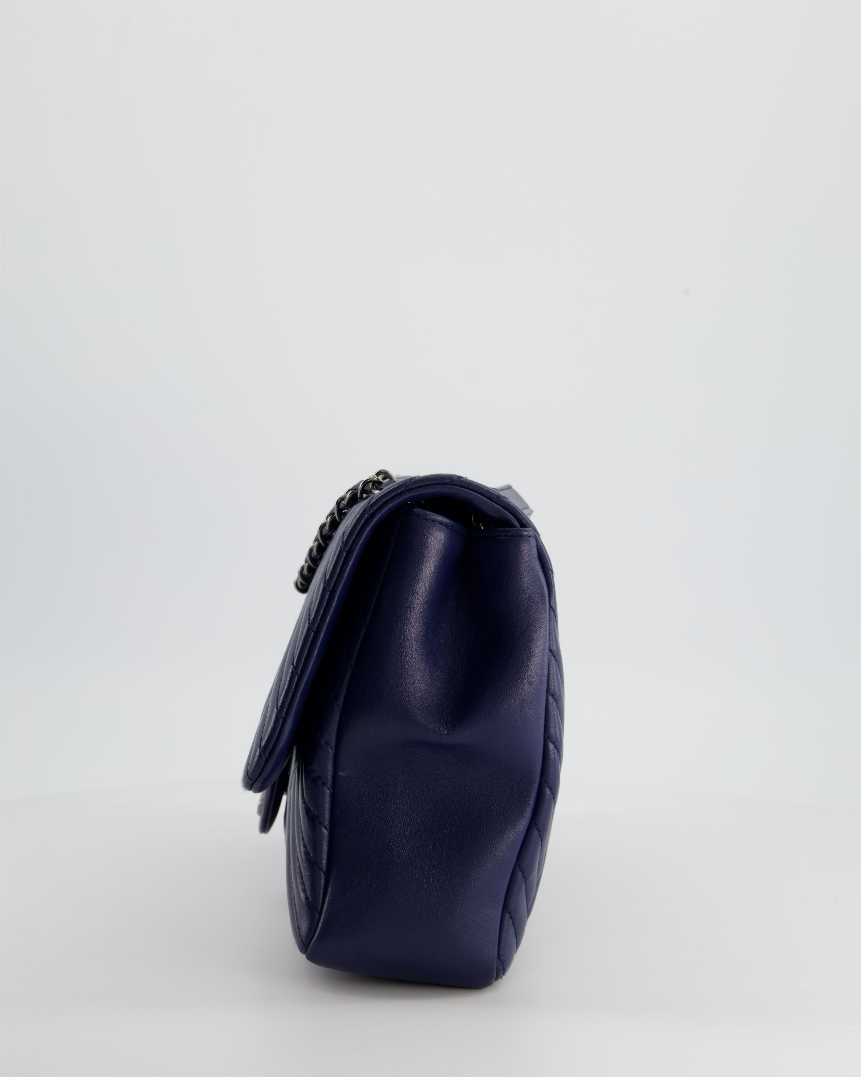 Chanel Navy Jumbo Chevron Quilted Flap Bag in Lambskin Leather with Gun Metal Silver Hardware