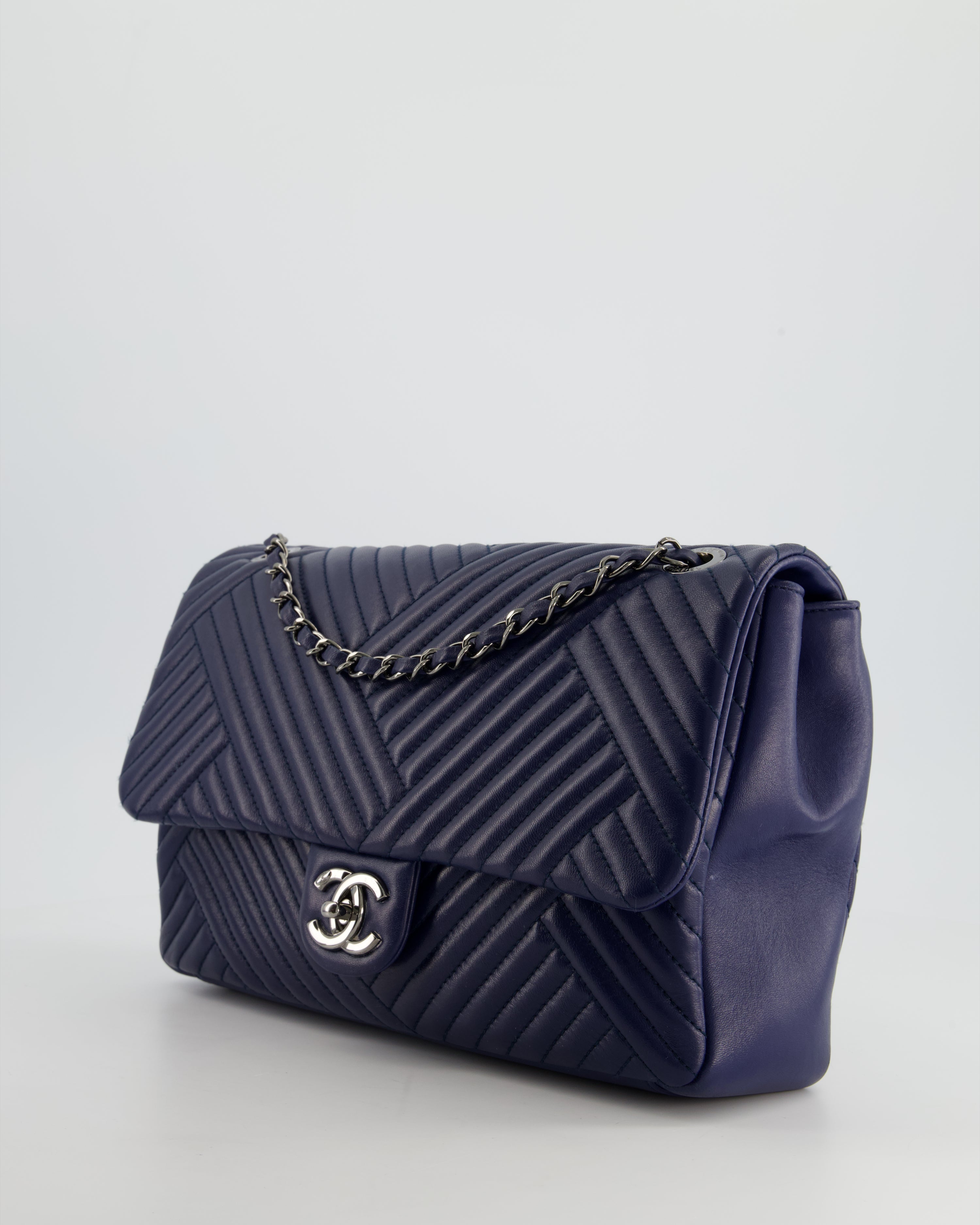 Chanel Navy Jumbo Chevron Quilted Flap Bag in Lambskin Leather with Gun Metal Silver Hardware