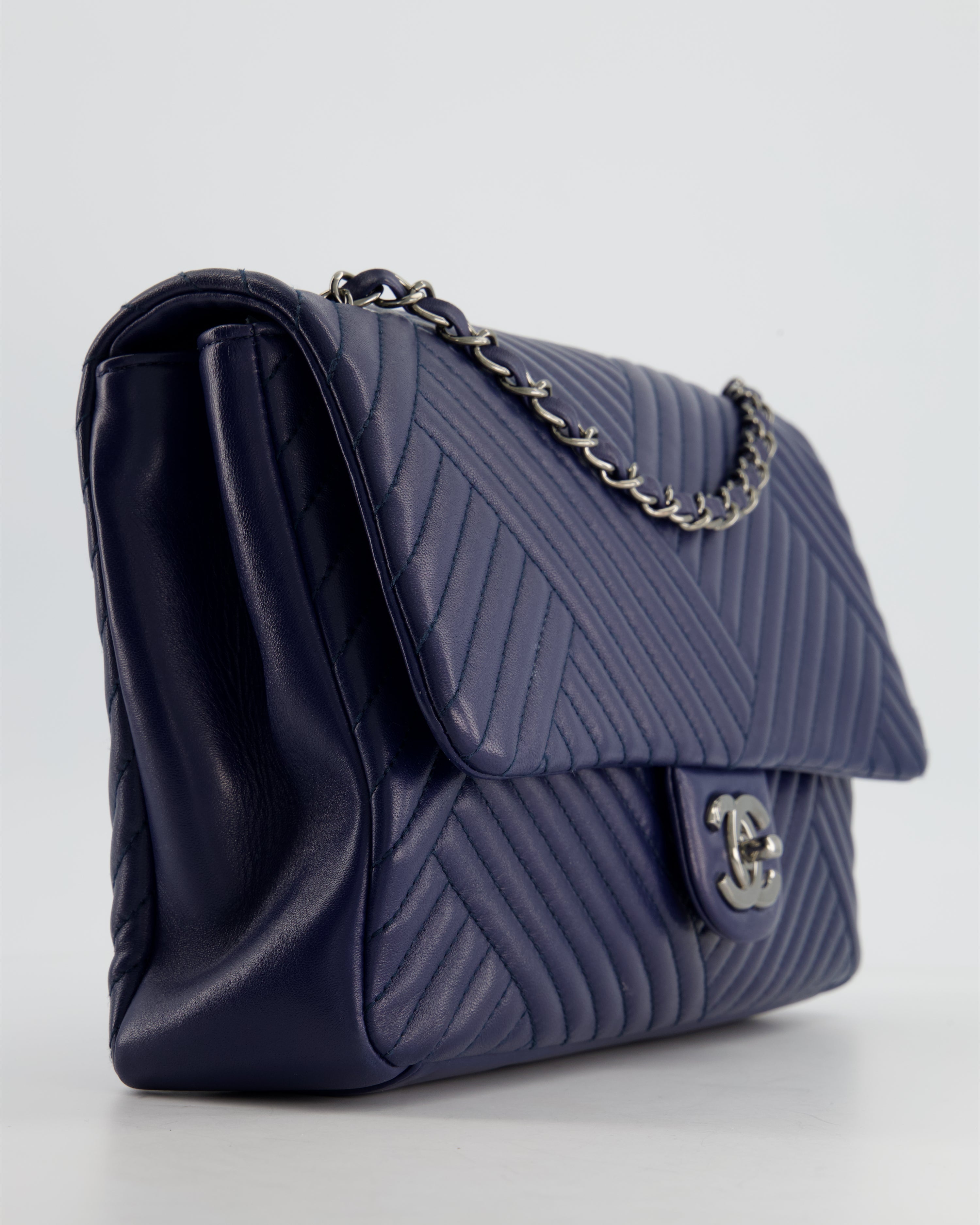 Chanel Navy Jumbo Chevron Quilted Flap Bag in Lambskin Leather with Gun Metal Silver Hardware