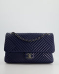 Chanel Navy Jumbo Chevron Quilted Flap Bag in Lambskin Leather with Gun Metal Silver Hardware