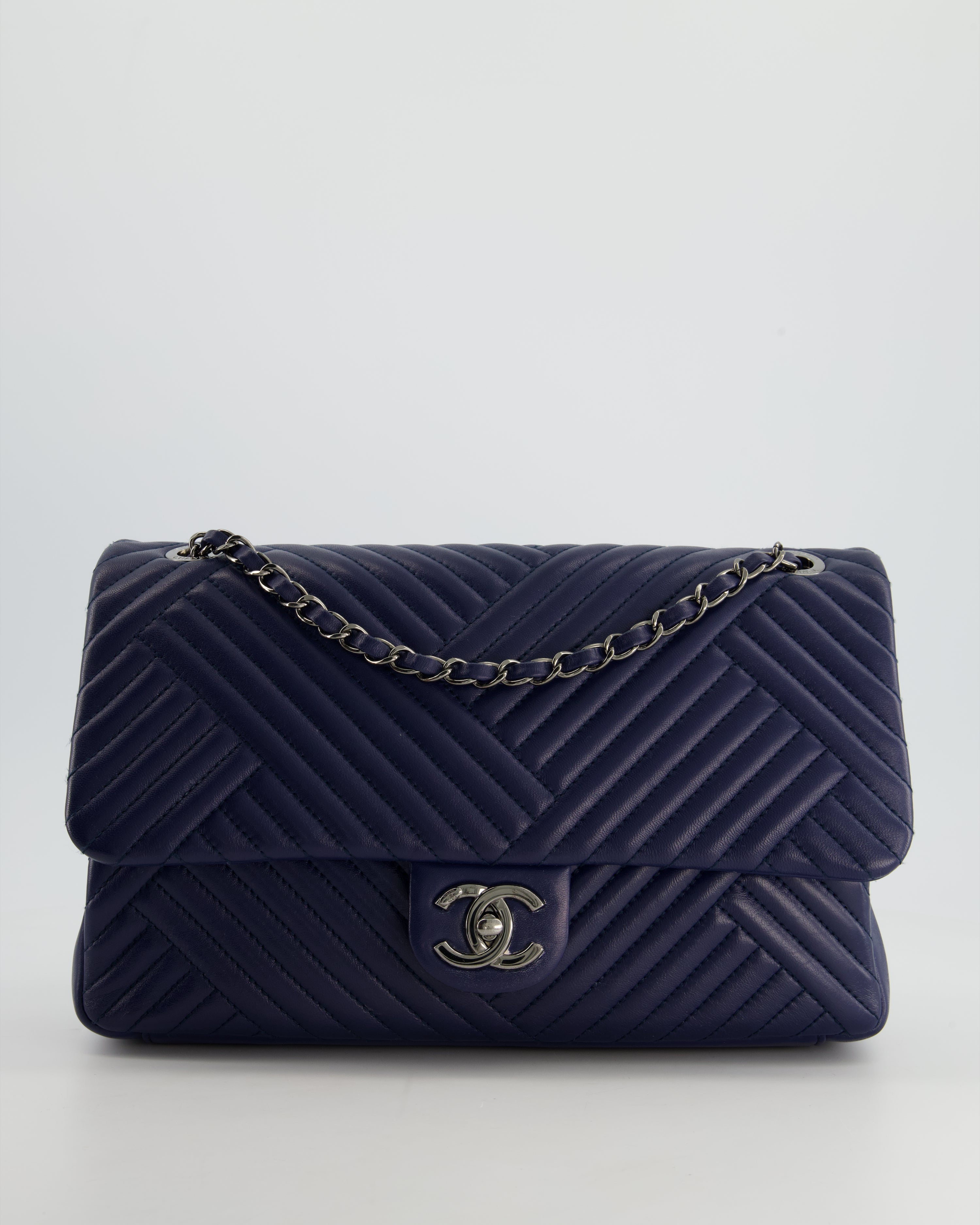 Chanel Navy Jumbo Chevron Quilted Flap Bag in Lambskin Leather with Gun Metal Silver Hardware