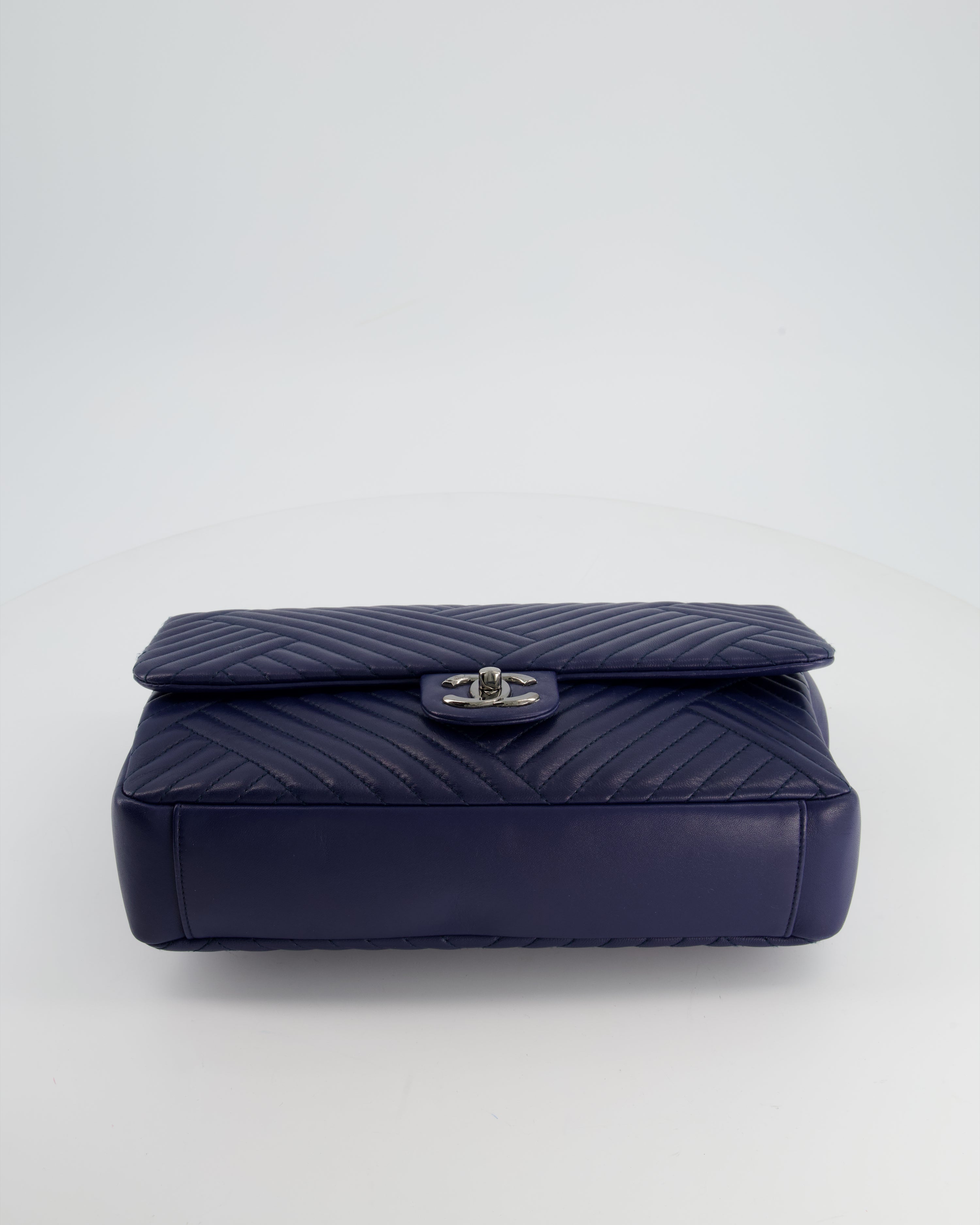 Chanel Navy Jumbo Chevron Quilted Flap Bag in Lambskin Leather with Gun Metal Silver Hardware