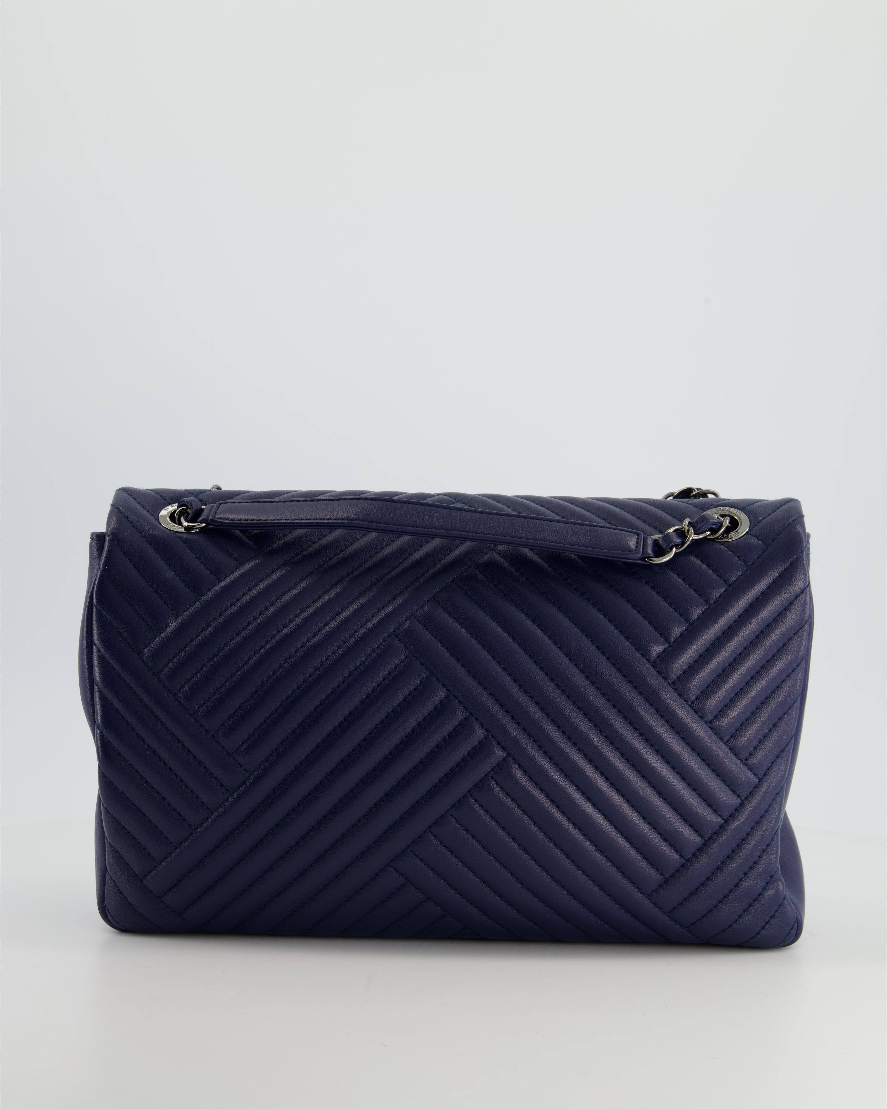 Chanel Navy Jumbo Chevron Quilted Flap Bag in Lambskin Leather with Gun Metal Silver Hardware