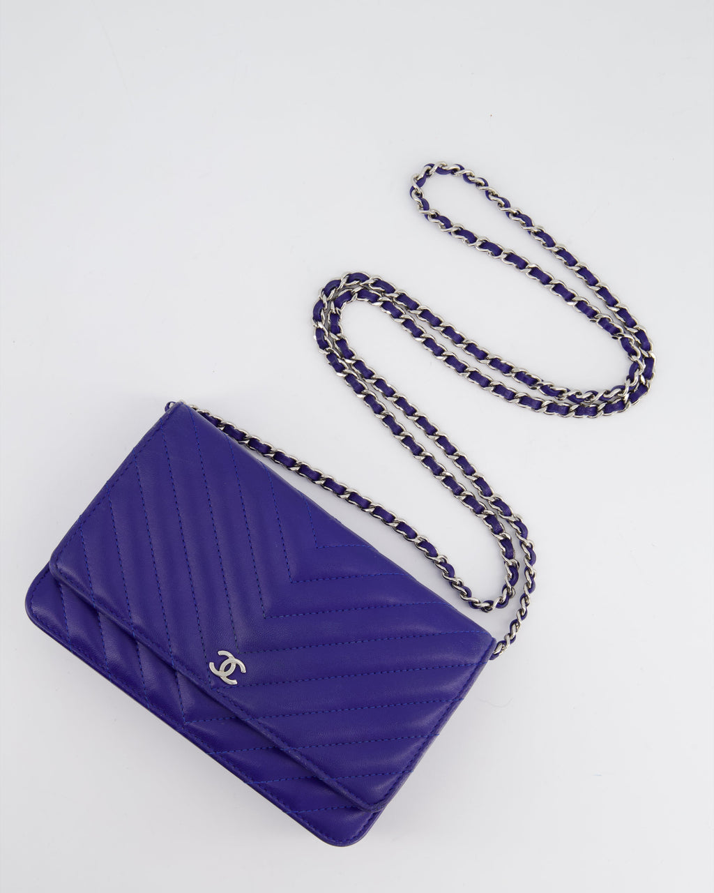 Chanel Cobalt Blue Chevron Wallet on Chain in Lambskin with Silver Hardware