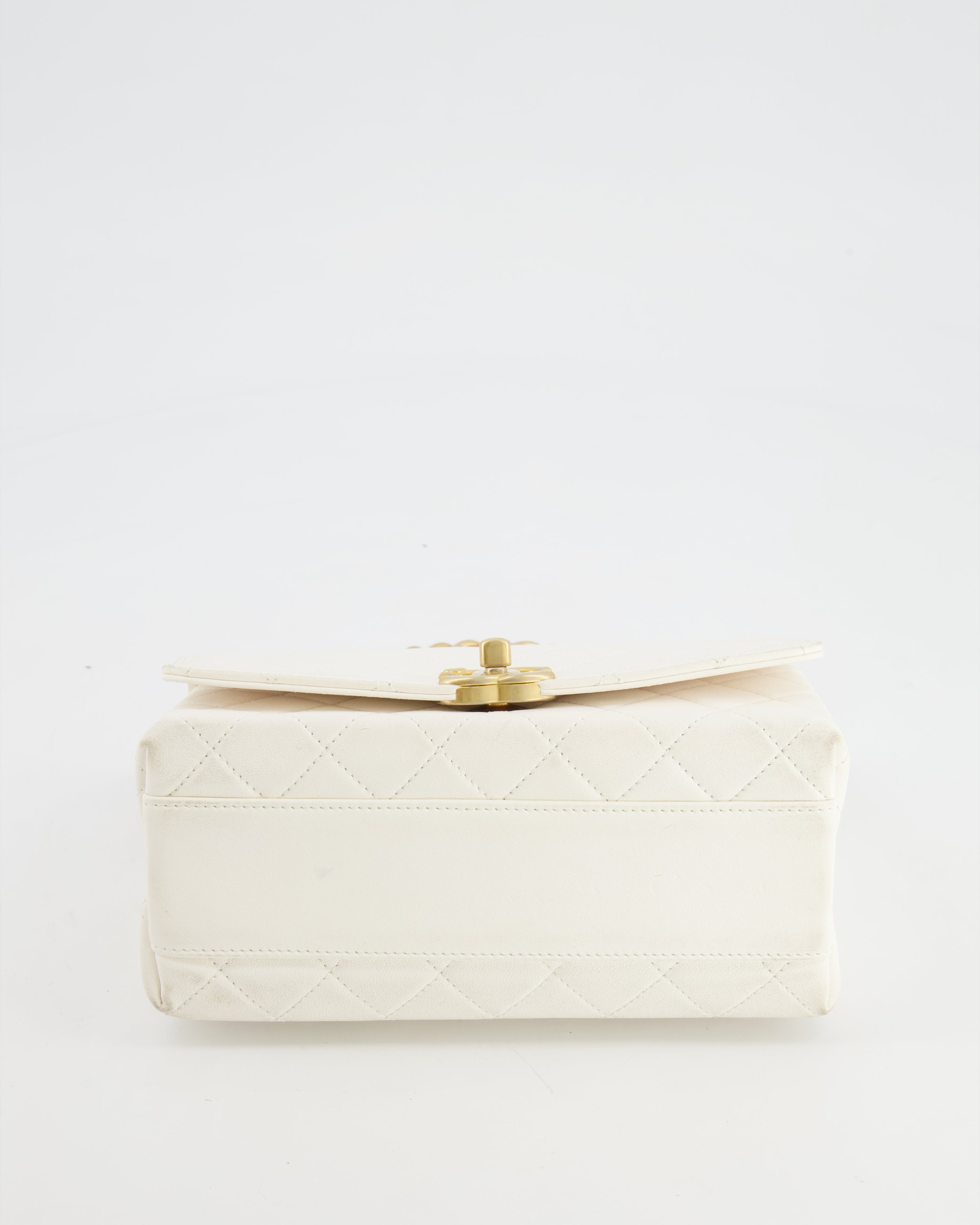 Chanel White Lambskin Leather Small Flap Bag with Brushed Gold Chain Top Handle