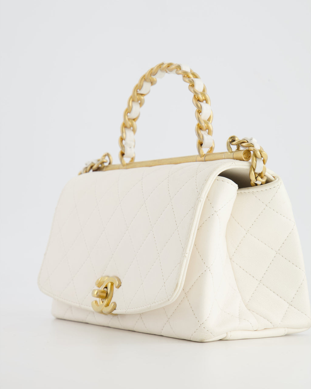 Chanel White Lambskin Leather Small Flap Bag with Brushed Gold Chain Top Handle