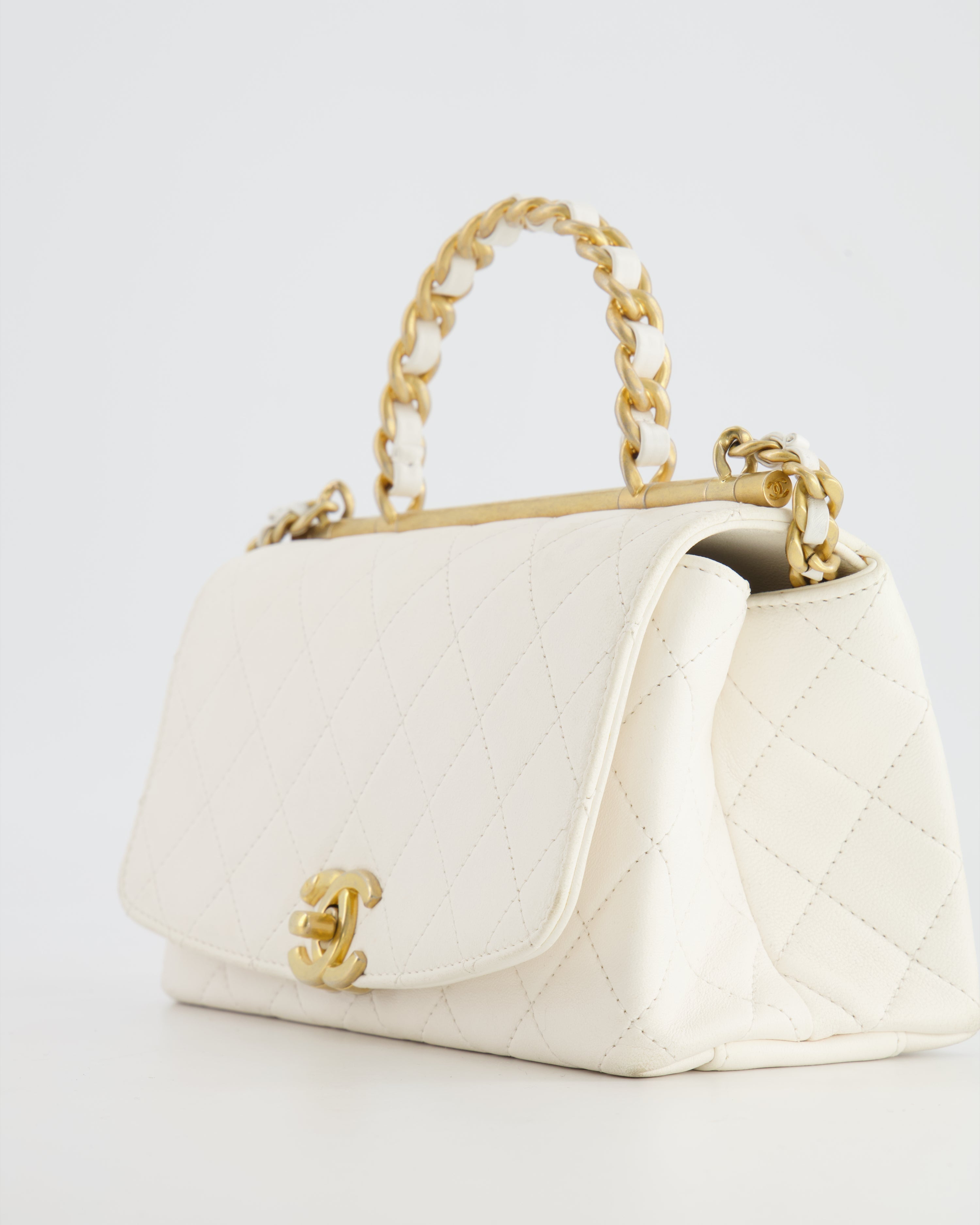 Chanel White Lambskin Leather Small Flap Bag with Brushed Gold Chain Top Handle