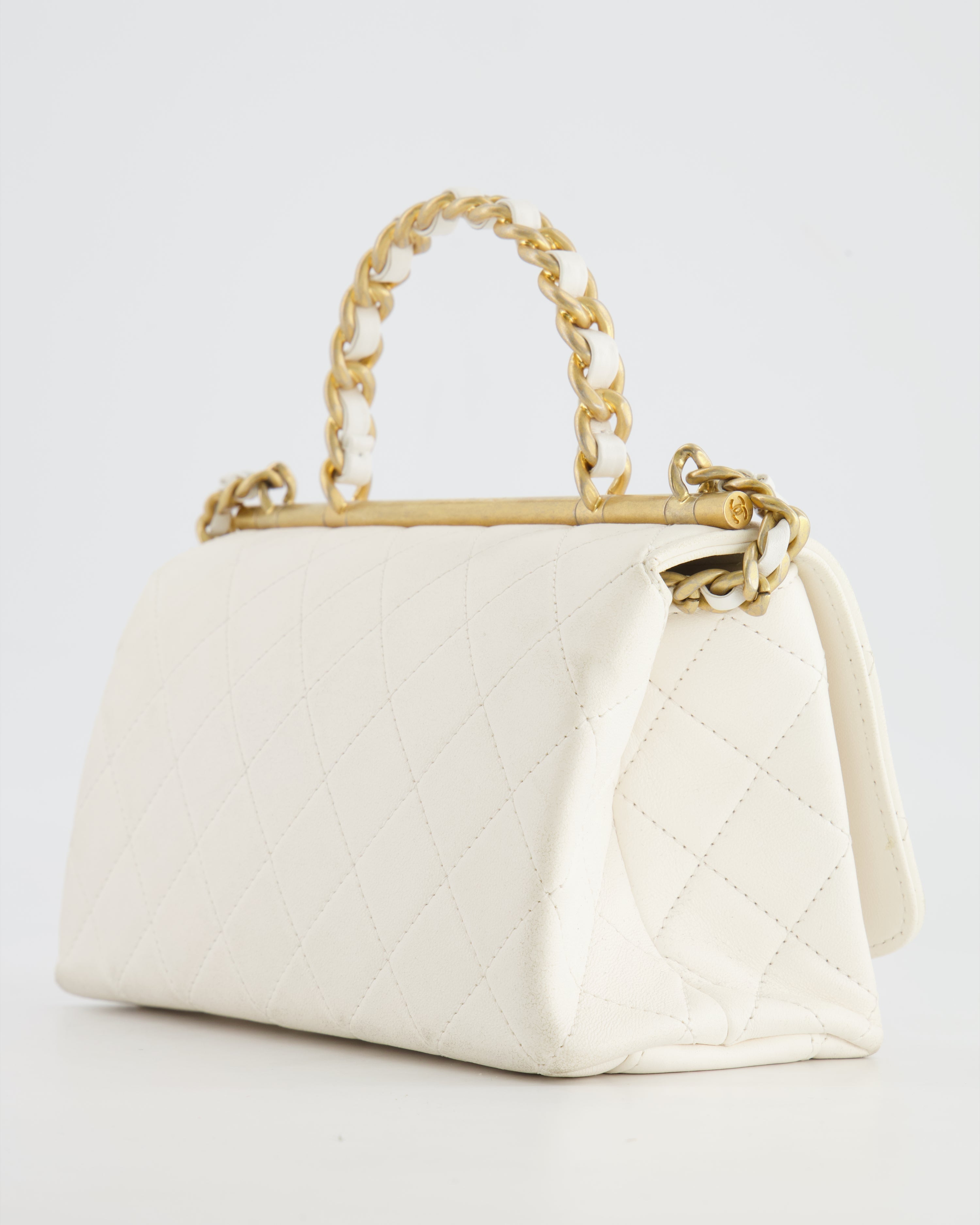 Chanel White Lambskin Leather Small Flap Bag with Brushed Gold Chain Top Handle
