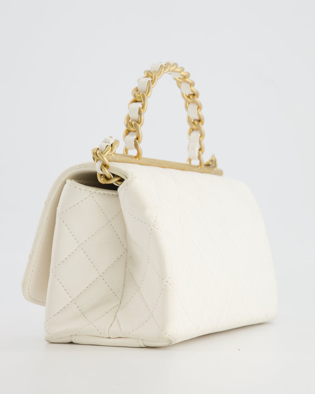 Chanel White Lambskin Leather Small Flap Bag with Brushed Gold Chain Top Handle