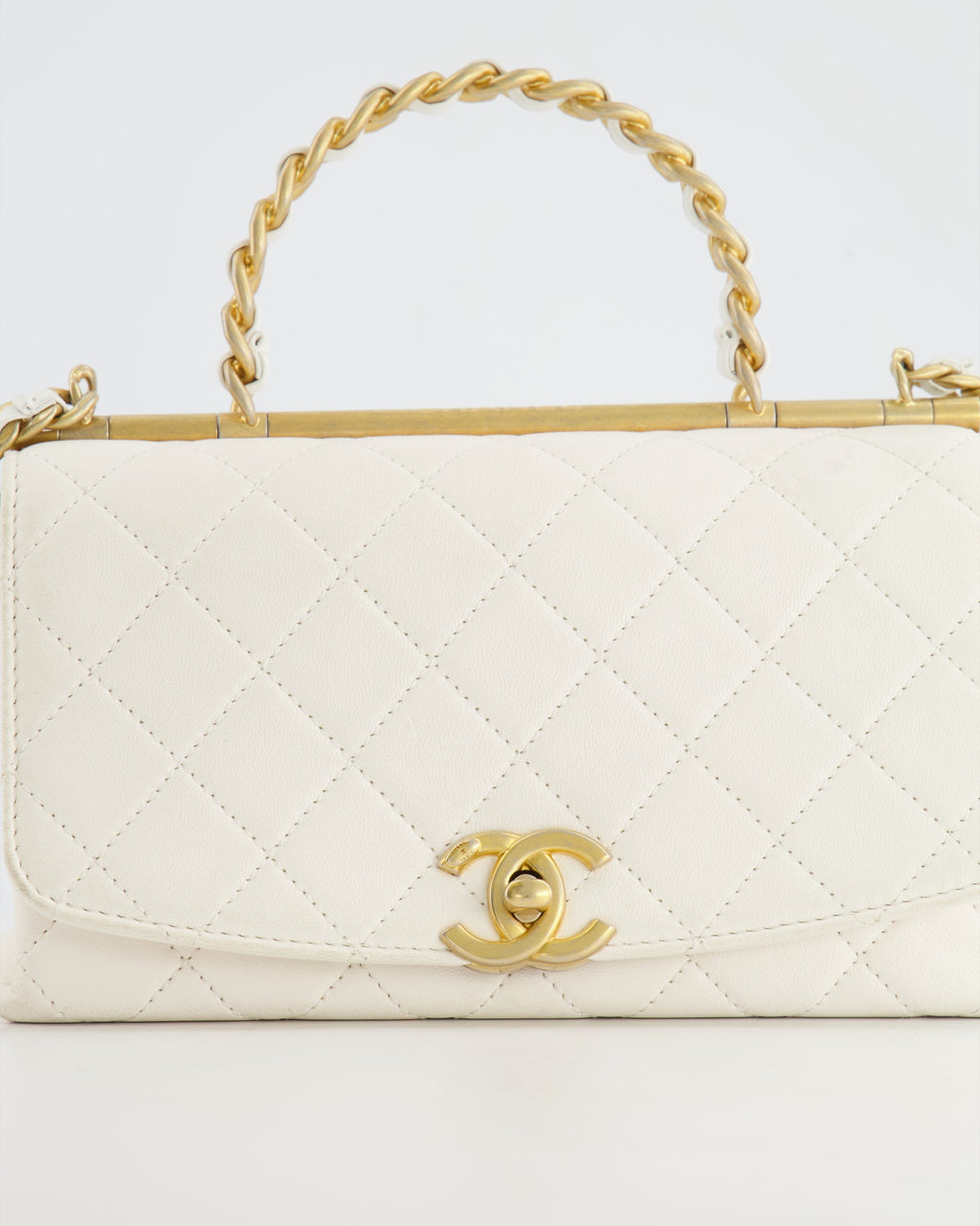 Chanel White Lambskin Leather Small Flap Bag with Brushed Gold Chain Top Handle