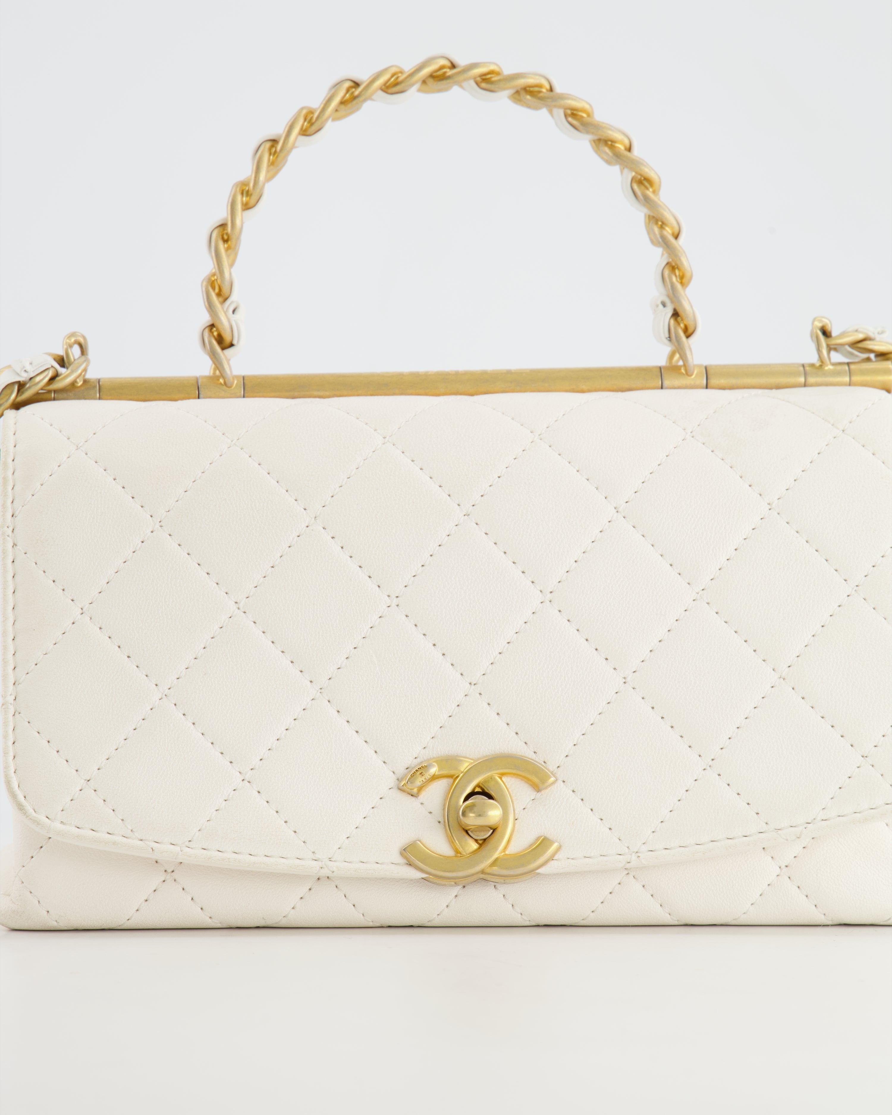 Chanel White Lambskin Leather Small Flap Bag with Brushed Gold Chain Top Handle
