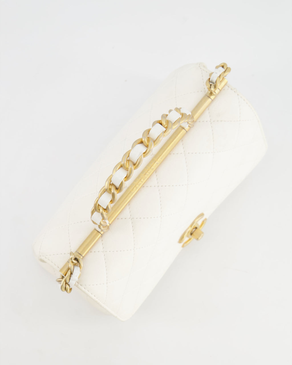 Chanel White Lambskin Leather Small Flap Bag with Brushed Gold Chain Top Handle