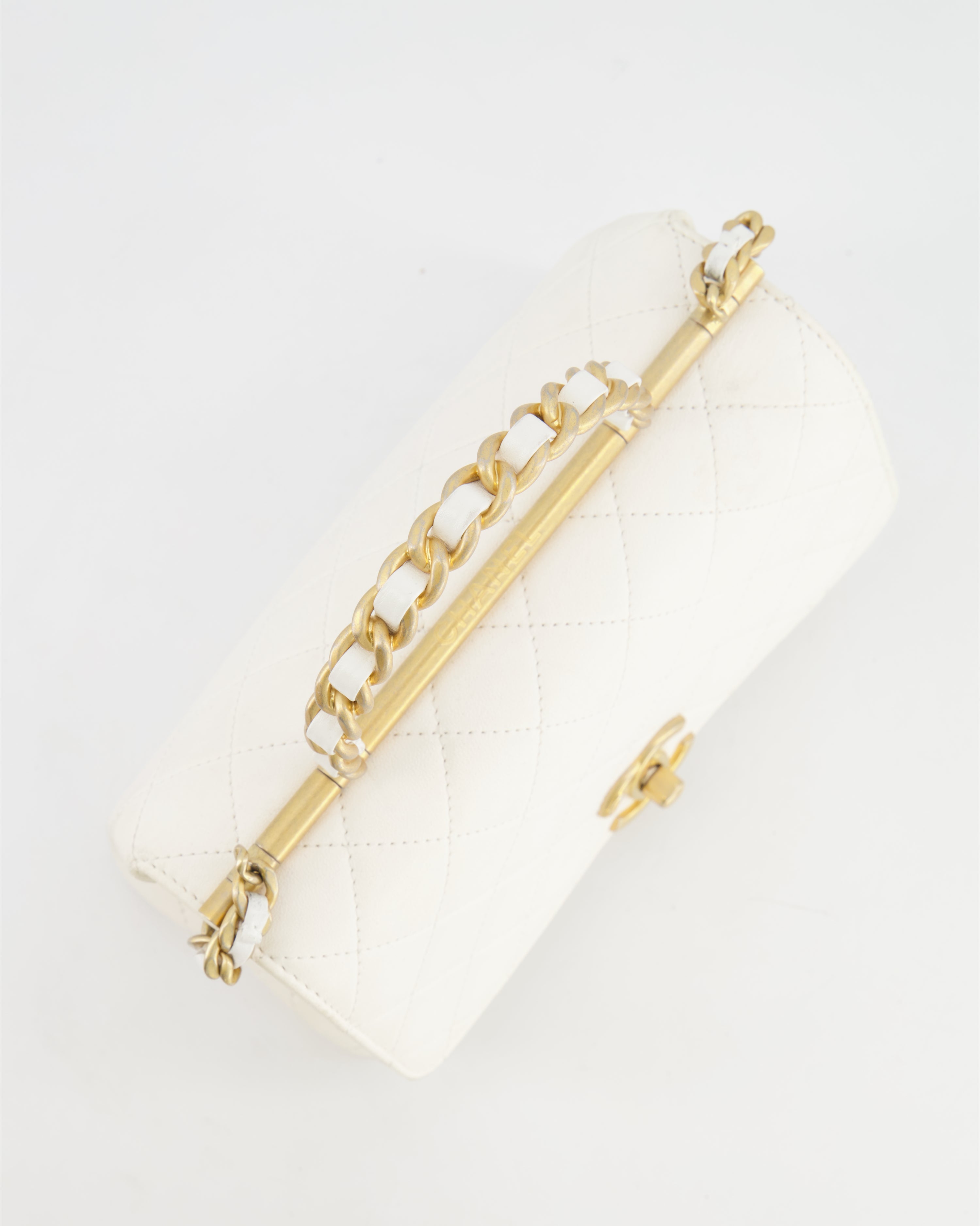 Chanel White Lambskin Leather Small Flap Bag with Brushed Gold Chain Top Handle