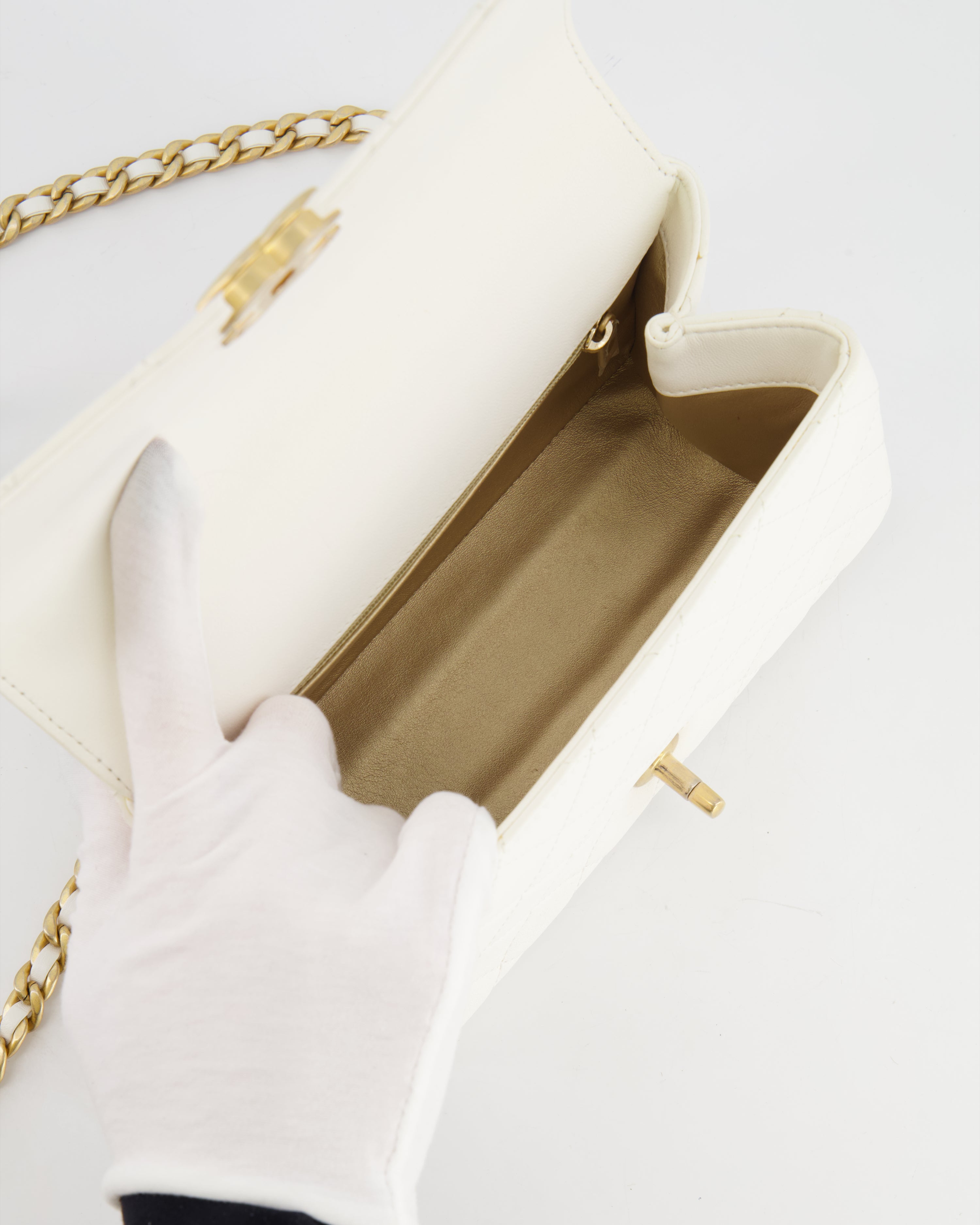 Chanel White Lambskin Leather Small Flap Bag with Brushed Gold Chain Top Handle