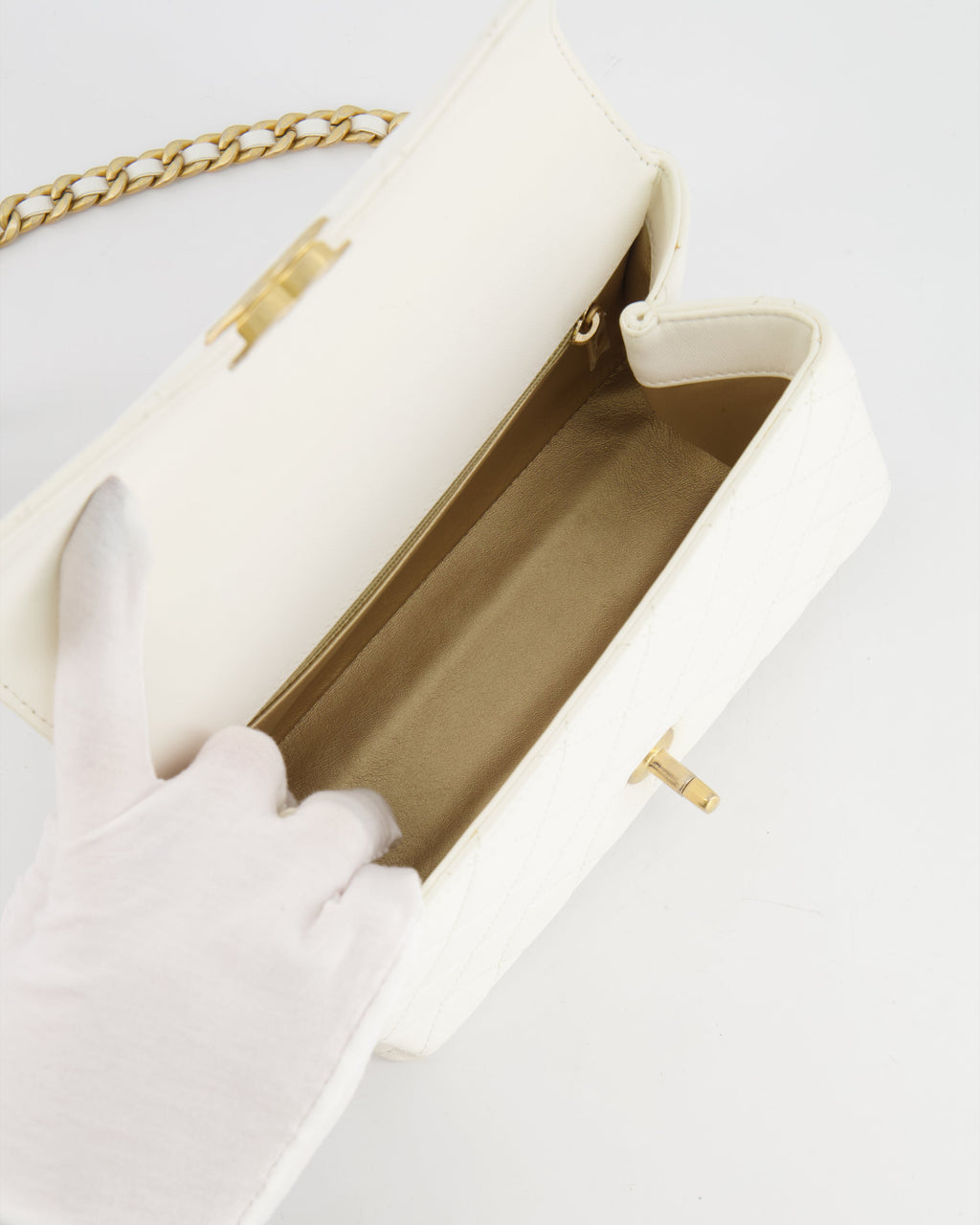 Chanel White Lambskin Leather Small Flap Bag with Brushed Gold Chain Top Handle