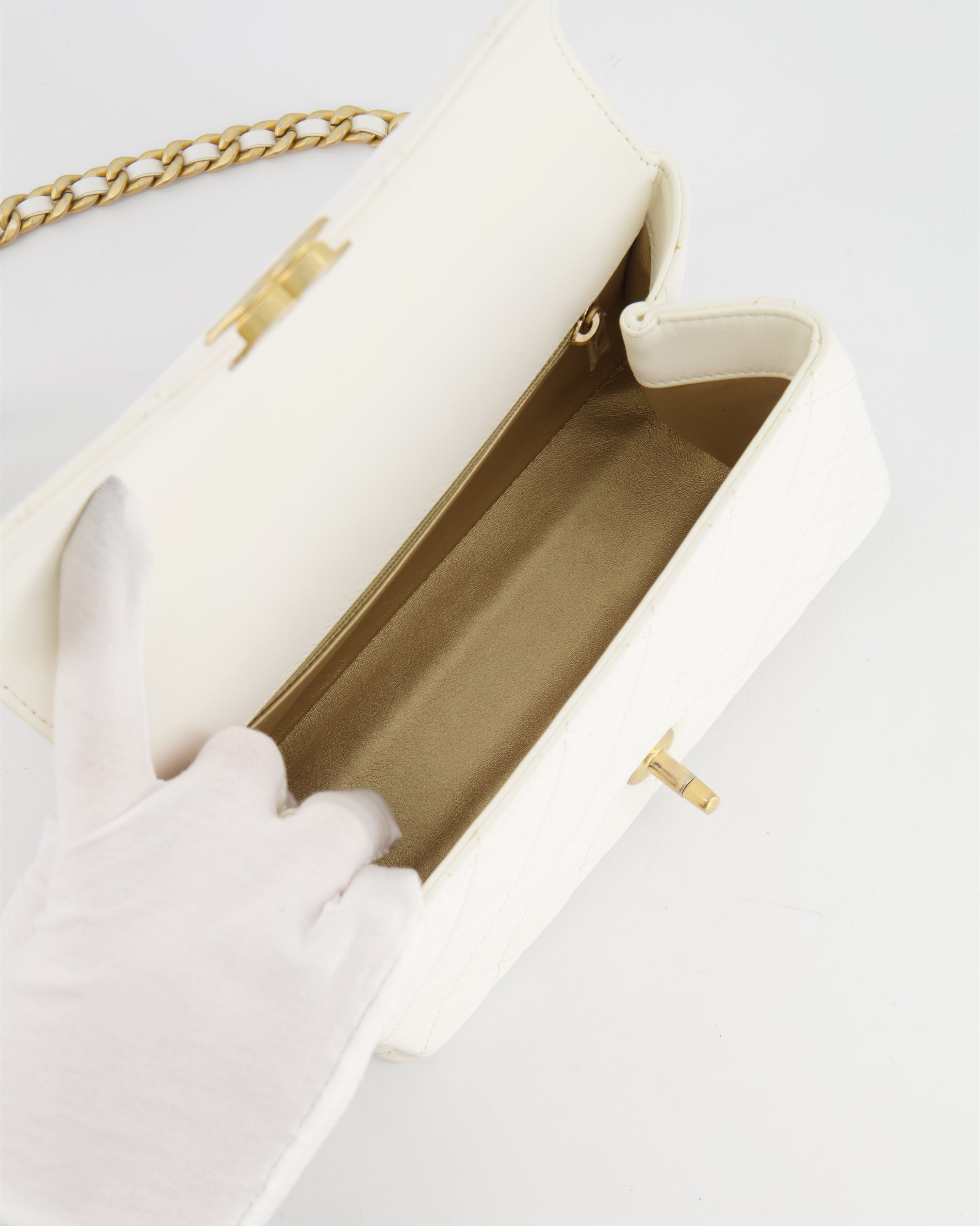Chanel White Lambskin Leather Small Flap Bag with Brushed Gold Chain Top Handle
