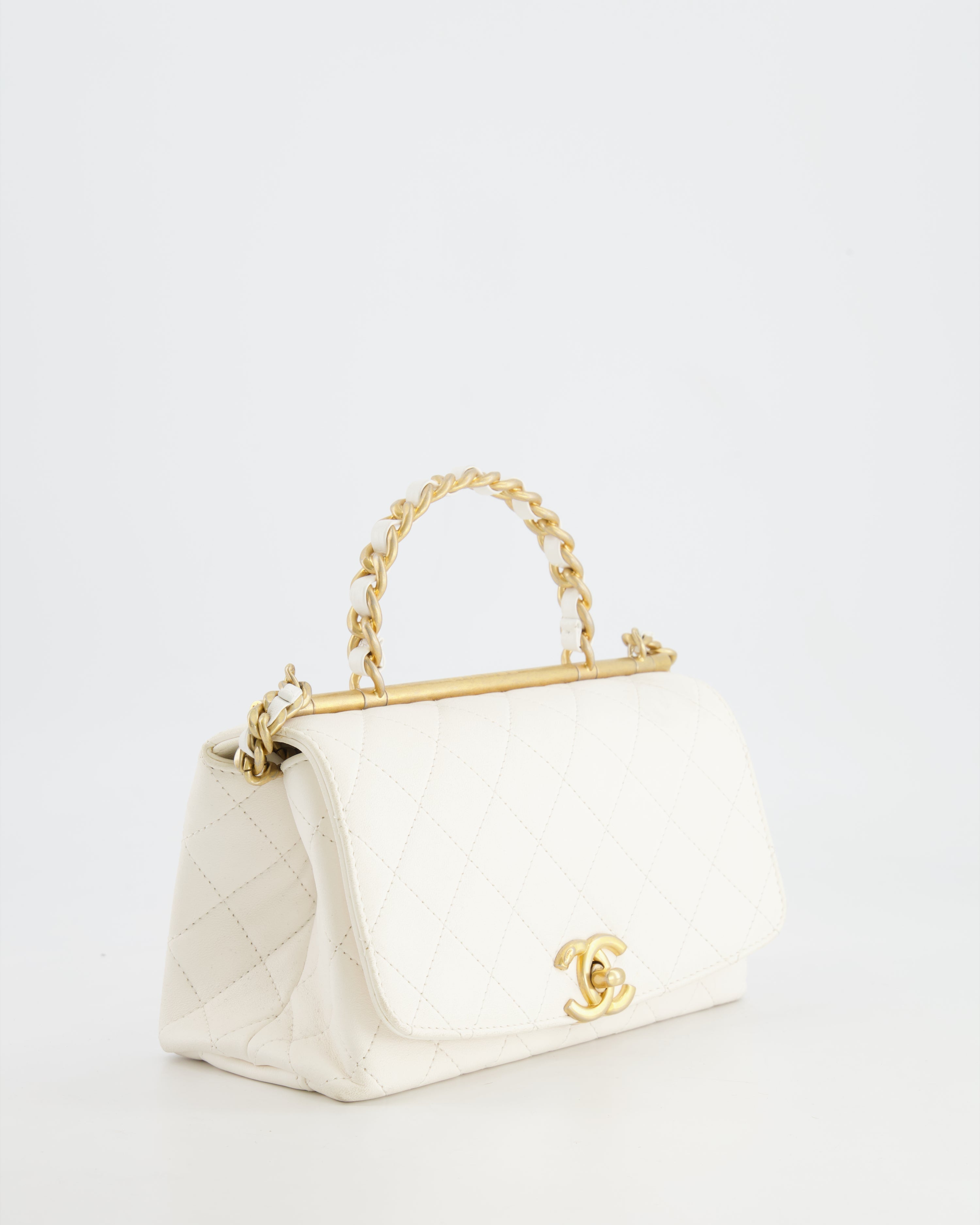 Chanel White Lambskin Leather Small Flap Bag with Brushed Gold Chain Top Handle