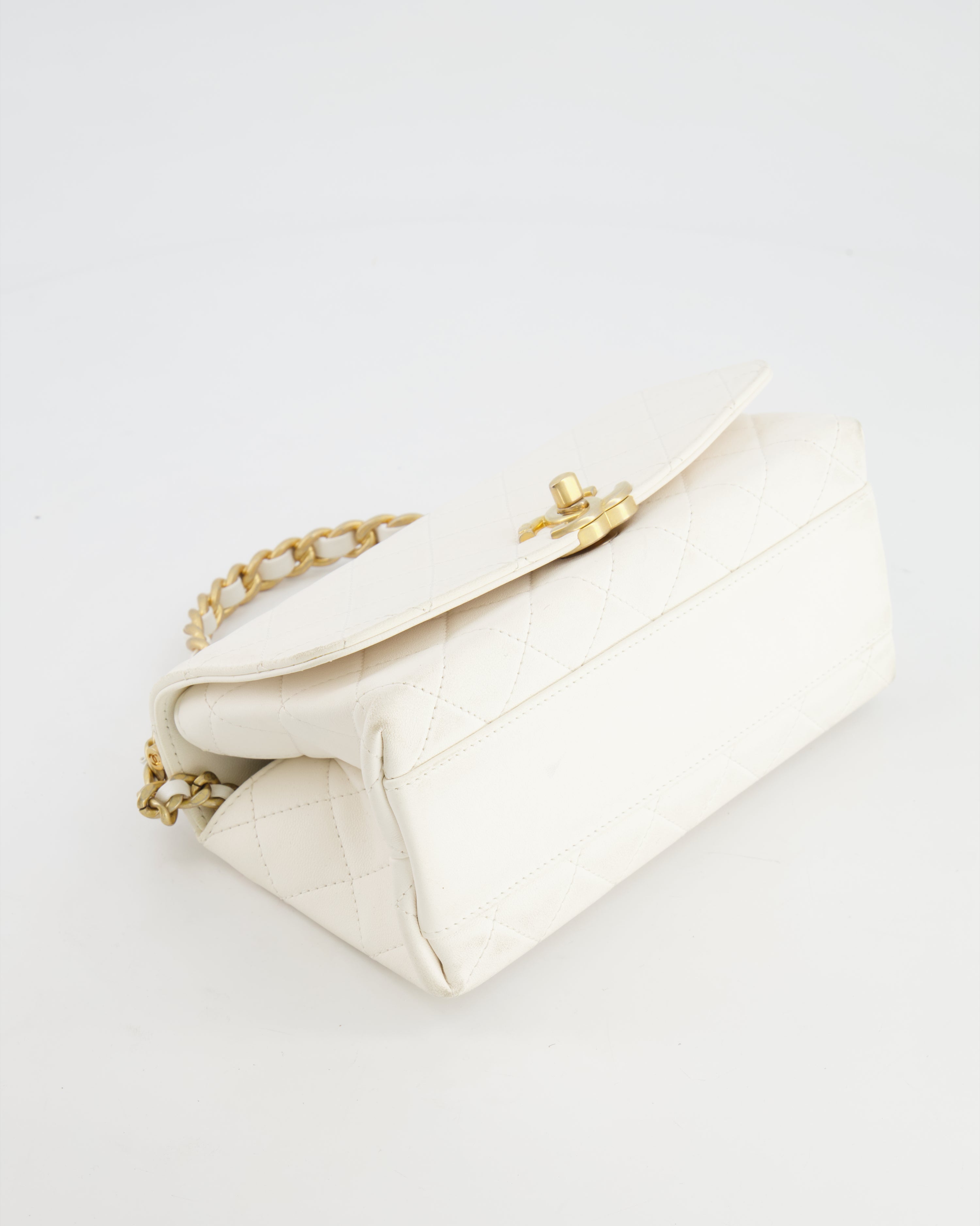 Chanel White Lambskin Leather Small Flap Bag with Brushed Gold Chain Top Handle
