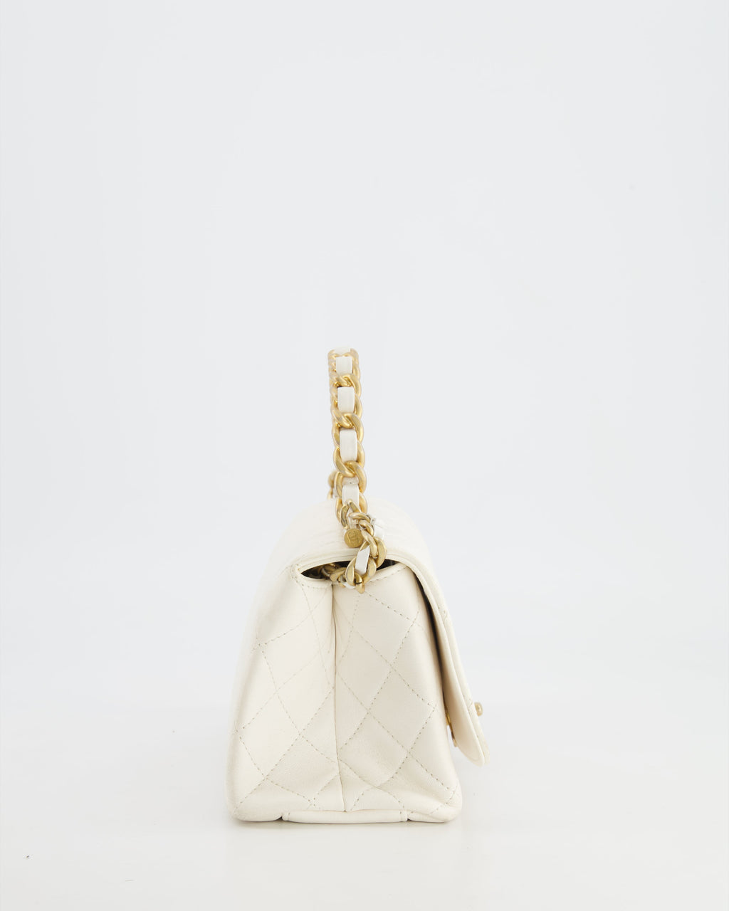 Chanel White Lambskin Leather Small Flap Bag with Brushed Gold Chain Top Handle