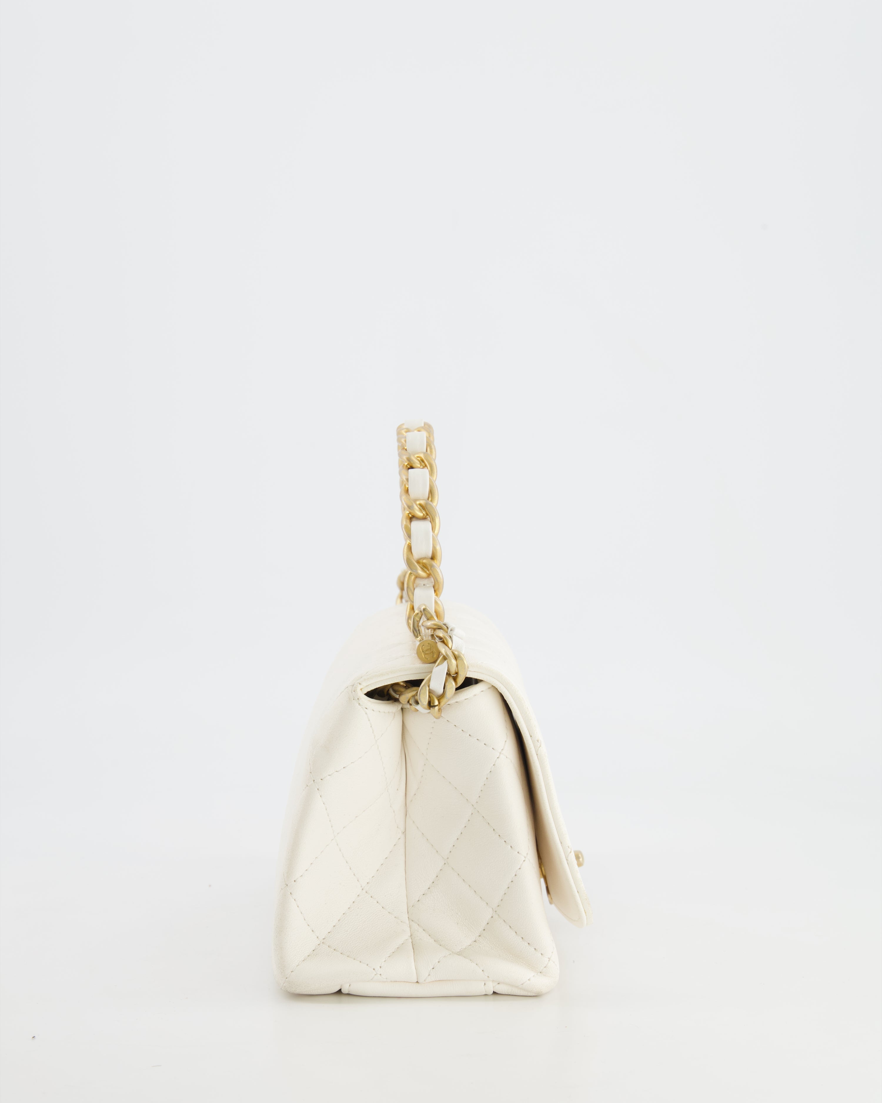 Chanel White Lambskin Leather Small Flap Bag with Brushed Gold Chain Top Handle