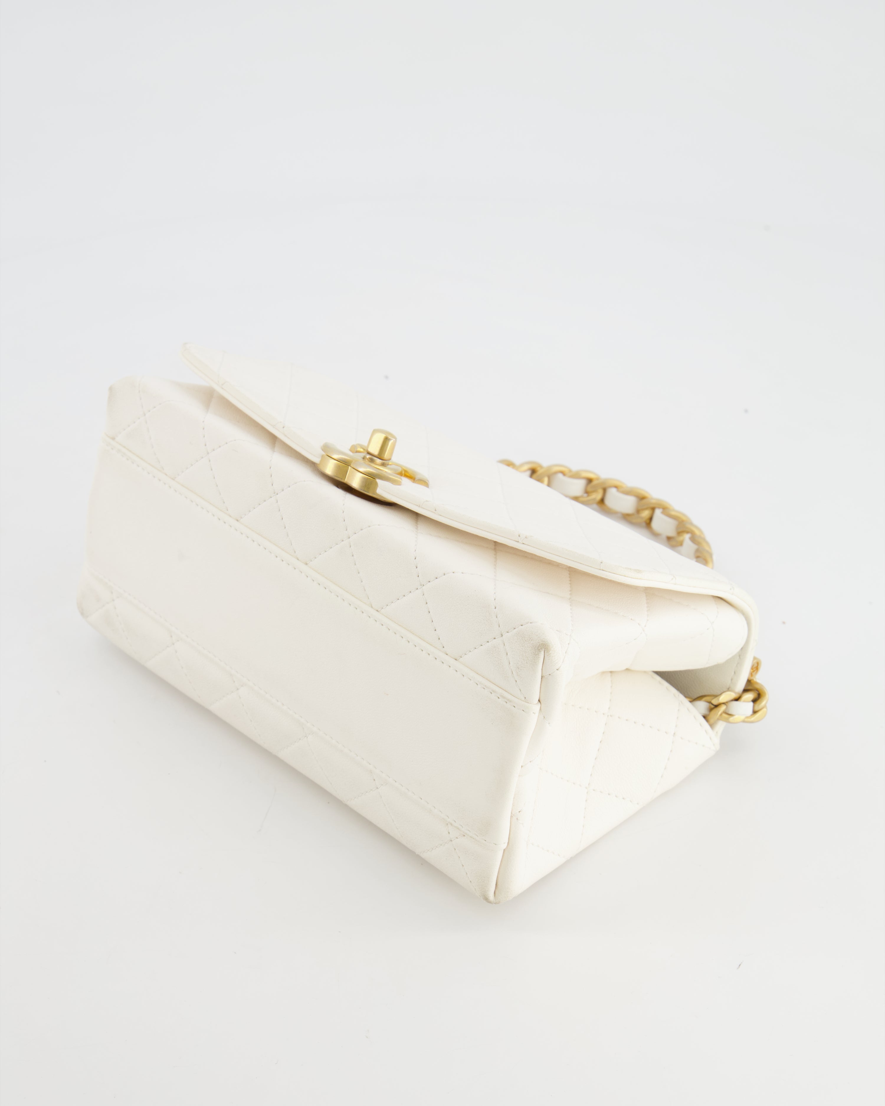 Chanel White Lambskin Leather Small Flap Bag with Brushed Gold Chain Top Handle