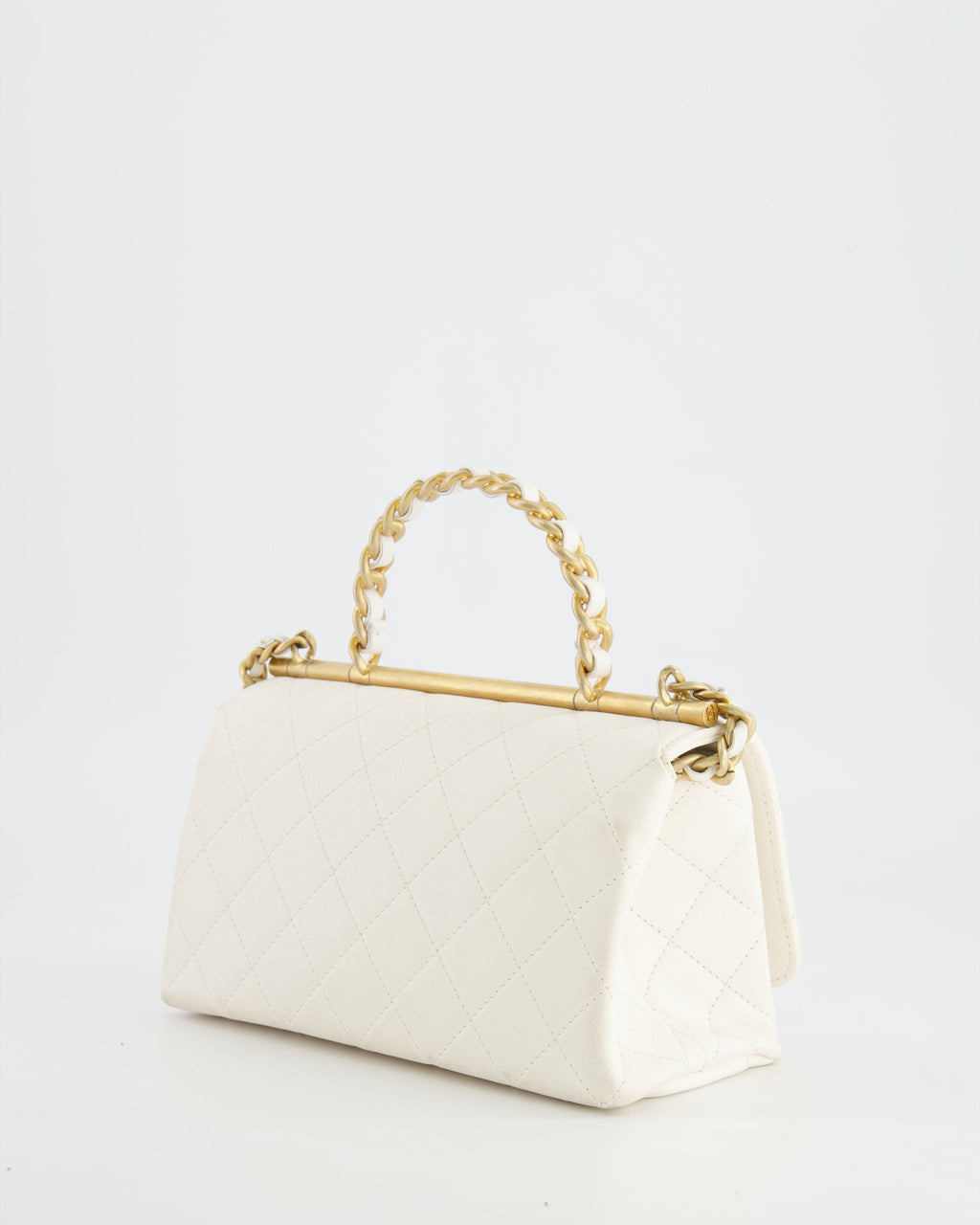 Chanel White Lambskin Leather Small Flap Bag with Brushed Gold Chain Top Handle