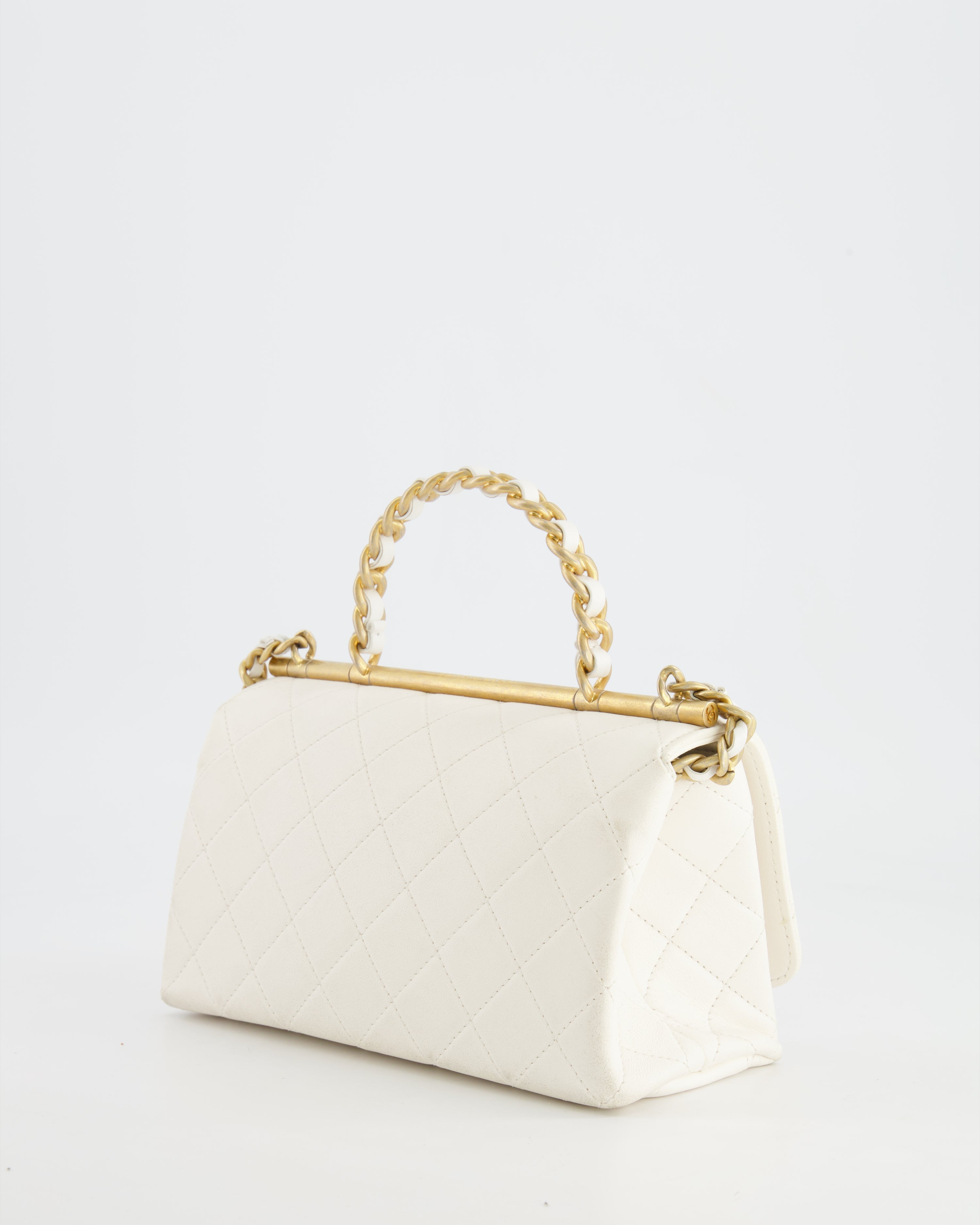 Chanel White Lambskin Leather Small Flap Bag with Brushed Gold Chain Top Handle
