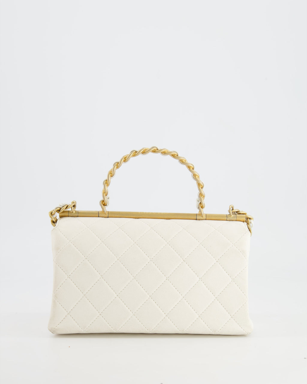 Chanel White Lambskin Leather Small Flap Bag with Brushed Gold Chain Top Handle
