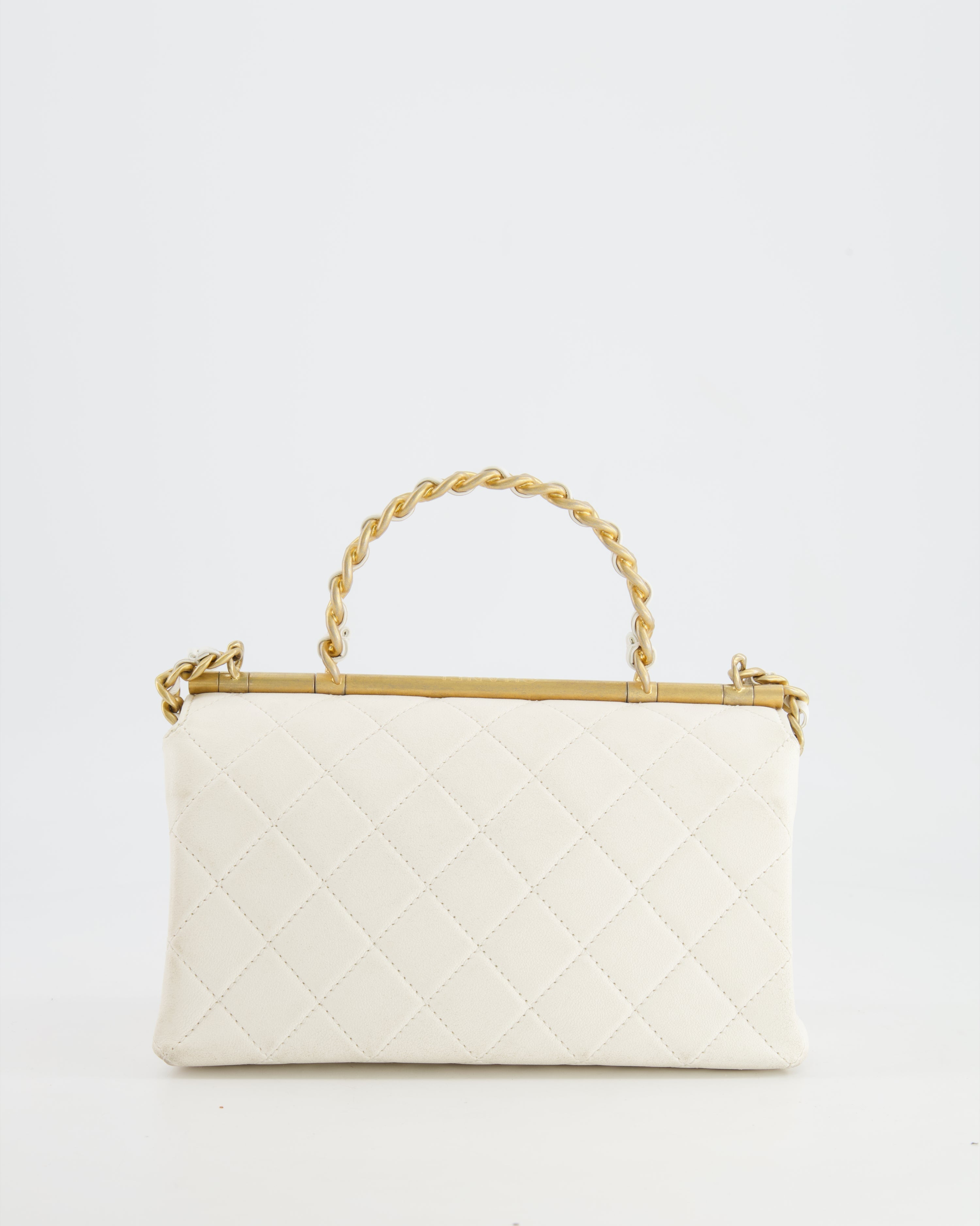 Chanel White Lambskin Leather Small Flap Bag with Brushed Gold Chain Top Handle